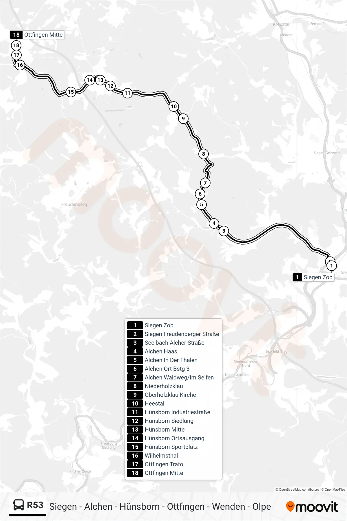 R53 bus Line (Ottfingen Mitte) route and stops on a map