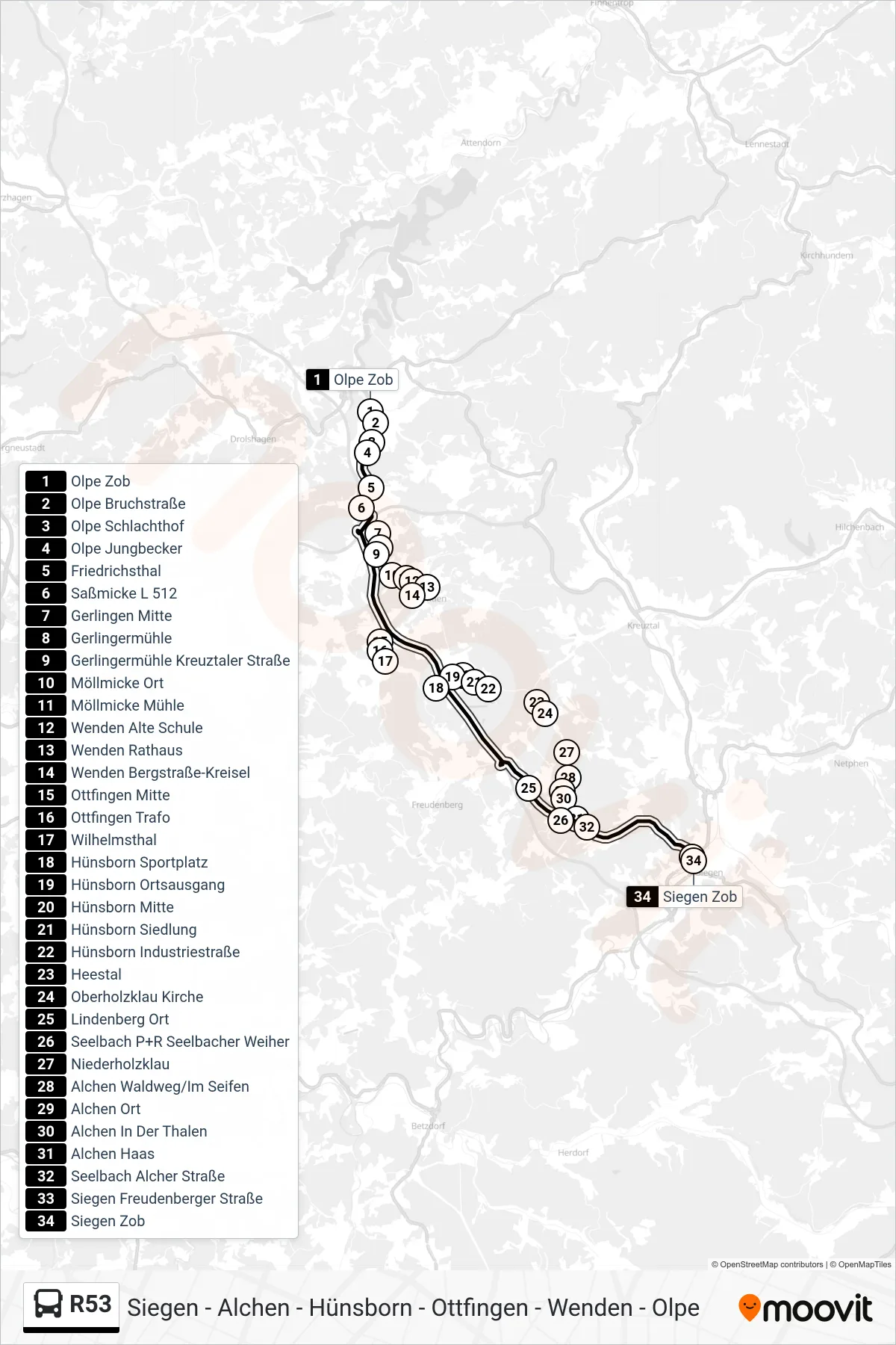 Linie R53 (Bus) Richtung Siegen Zob Bstg B: Route und Haltestellen auf der Karte