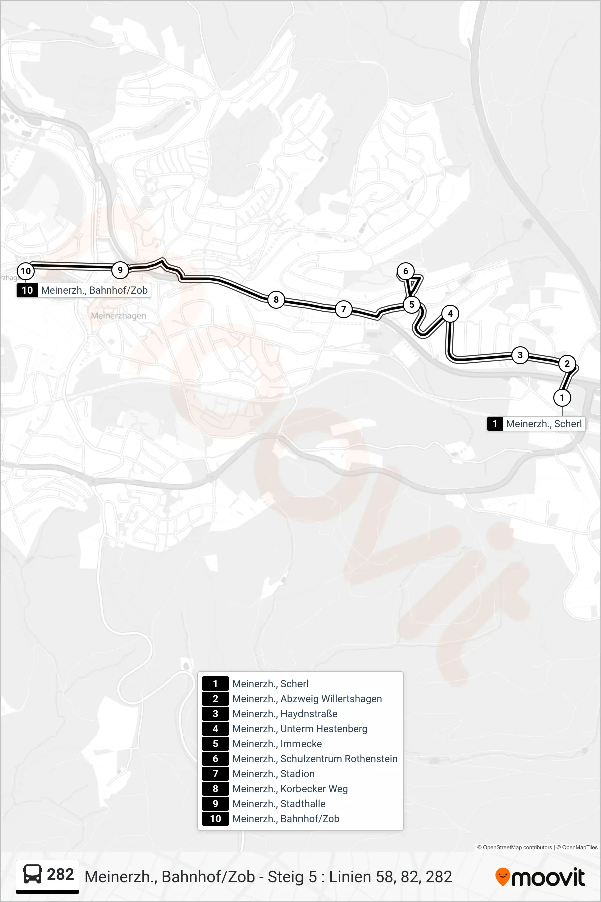 282 bus Line (Meinerzh., Bahnhof/Zob - Steig 5 : Linien 58, 82, 282) route and stops on a map