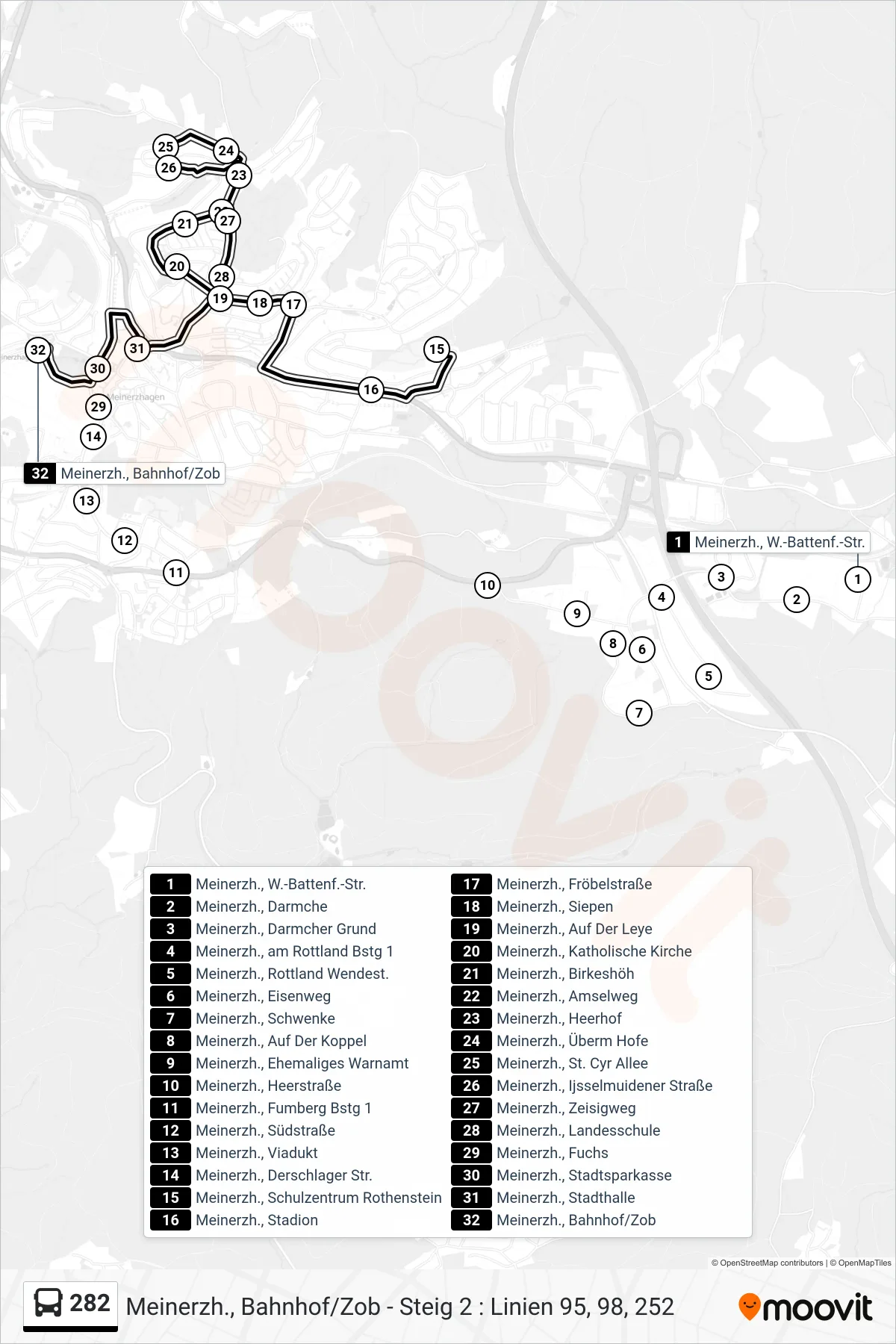 282 bus Line (Meinerzh., Bahnhof/Zob - Steig 2 : Linien 95, 98, 252) route and stops on a map