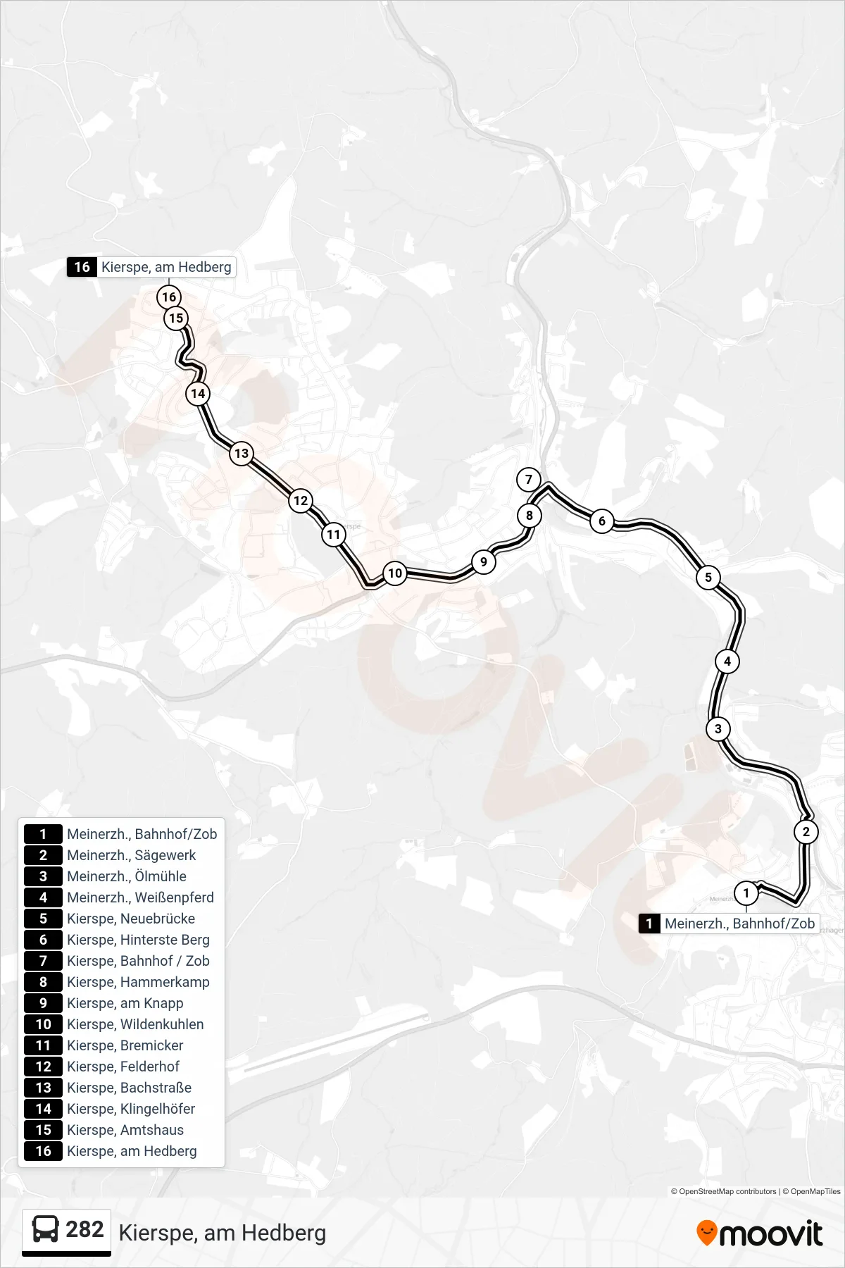 Linie 282 (Bus) Richtung Kierspe, am Hedberg: Route und Haltestellen auf der Karte