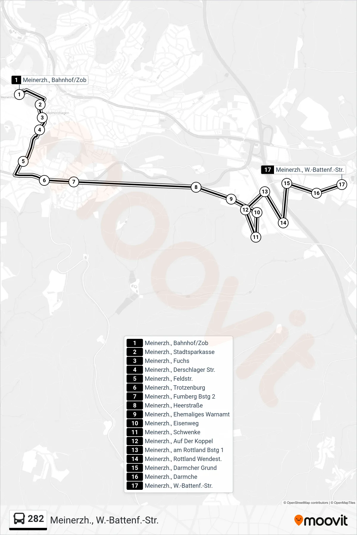 282 bus Line (Meinerzh., W.-Battenf.-Str.) route and stops on a map
