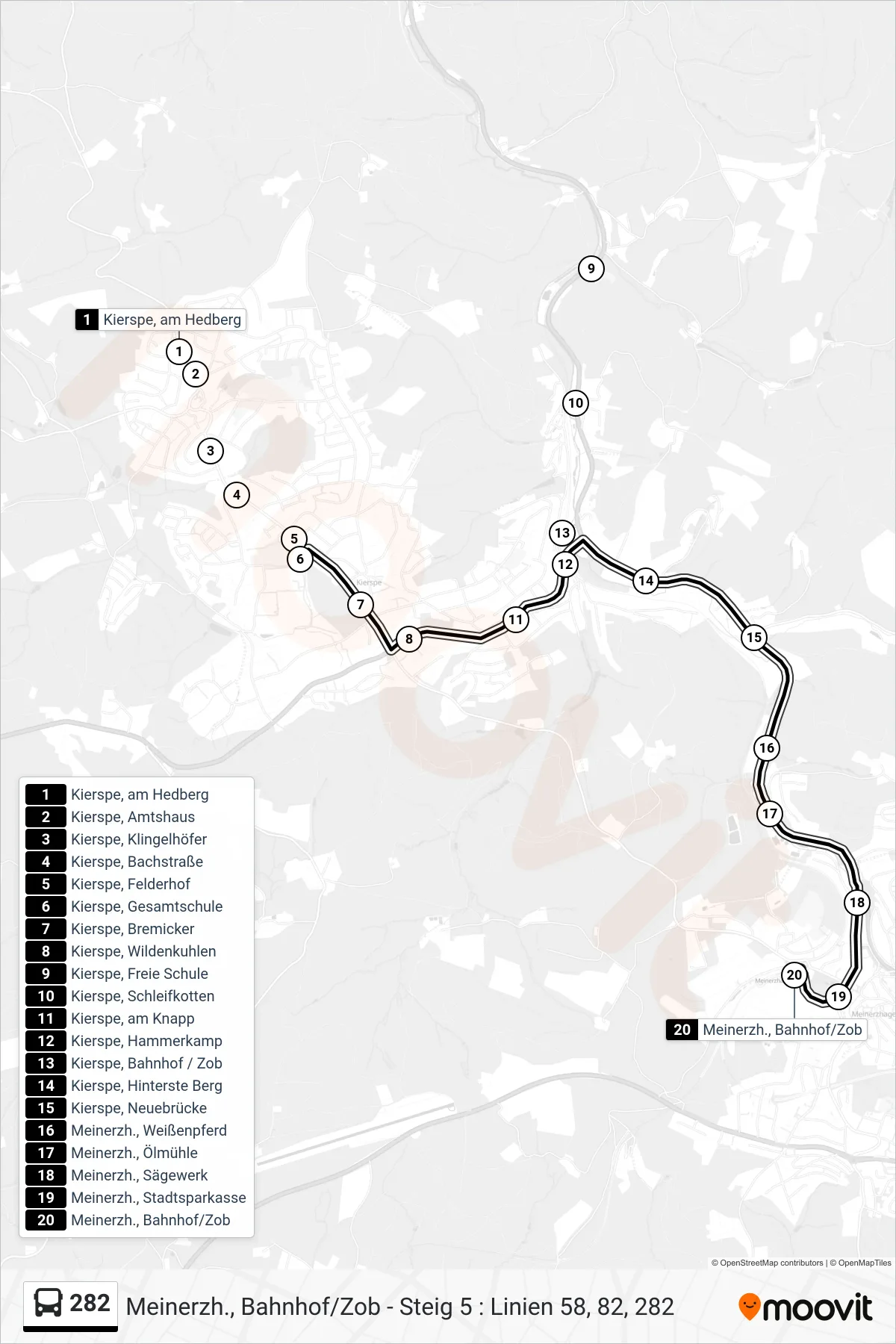 282 bus Line (Meinerzh., Bahnhof/Zob - Steig 5 : Linien 58, 82, 282) route and stops on a map