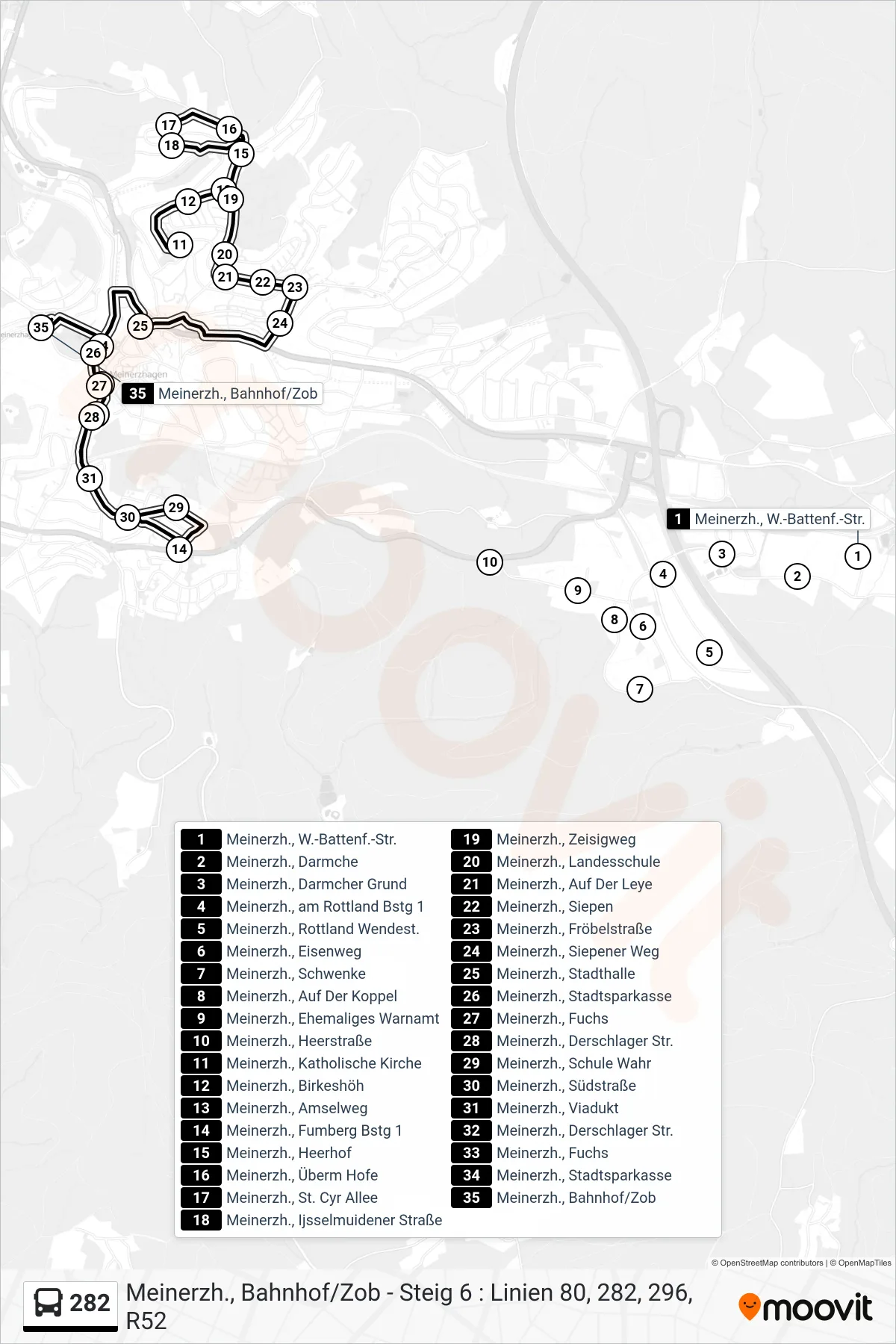 282 bus Line (Meinerzh., Bahnhof/Zob - Steig 6 : Linien 80, 282, 296, R52) route and stops on a map
