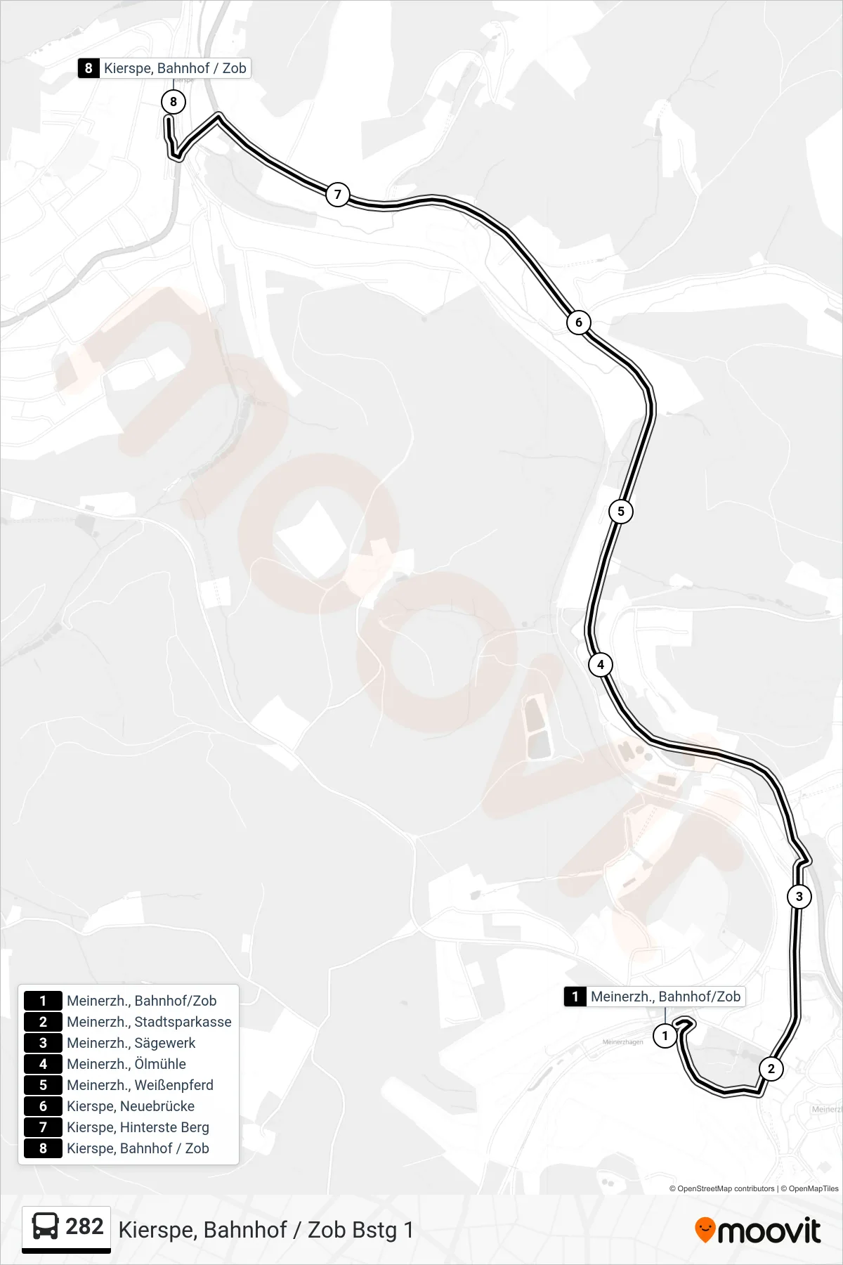 Linie 282 (Bus) Richtung Kierspe, Bahnhof / Zob Bstg 1: Route und Haltestellen auf der Karte