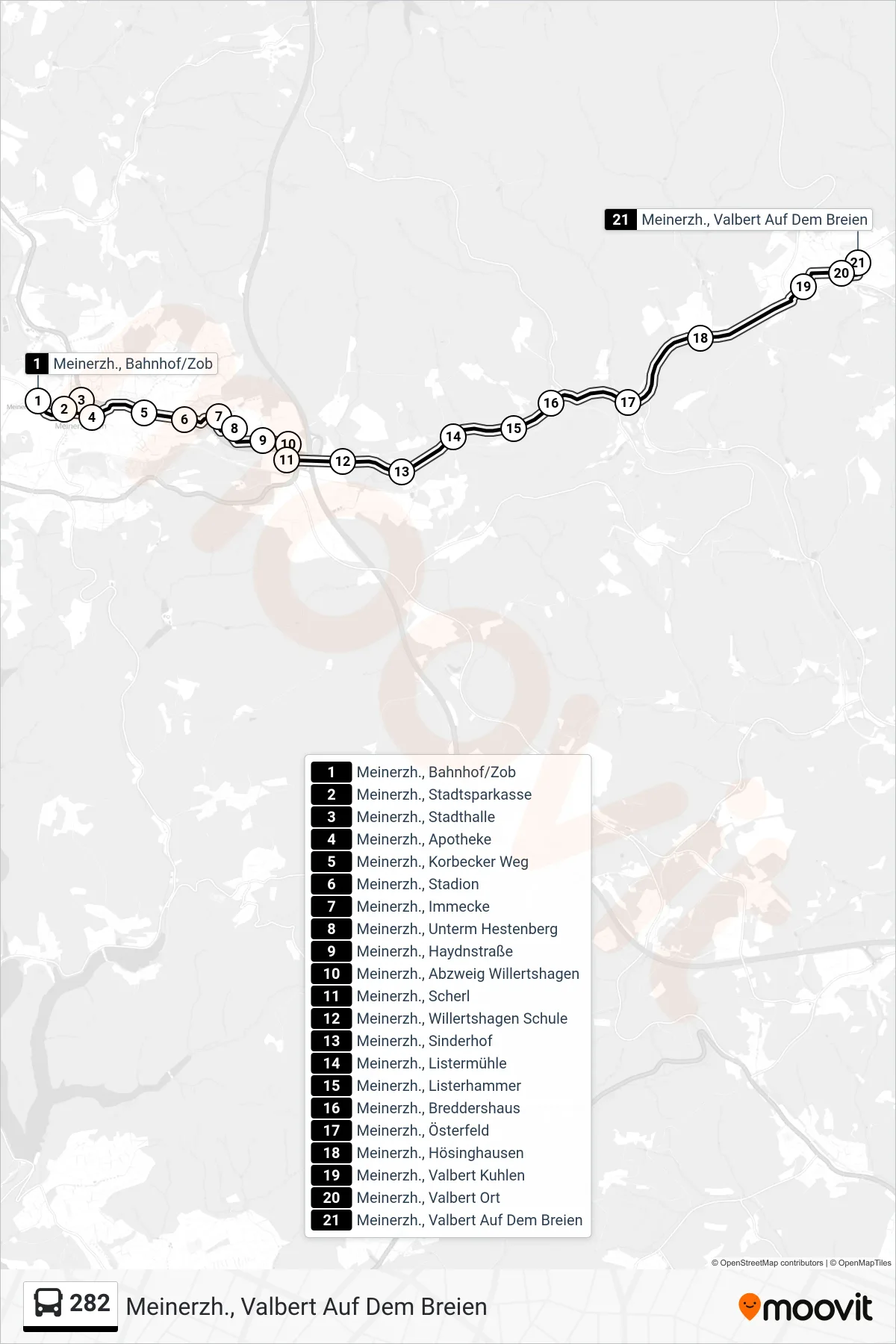 282 bus Line (Meinerzh., Valbert Auf Dem Breien) route and stops on a map