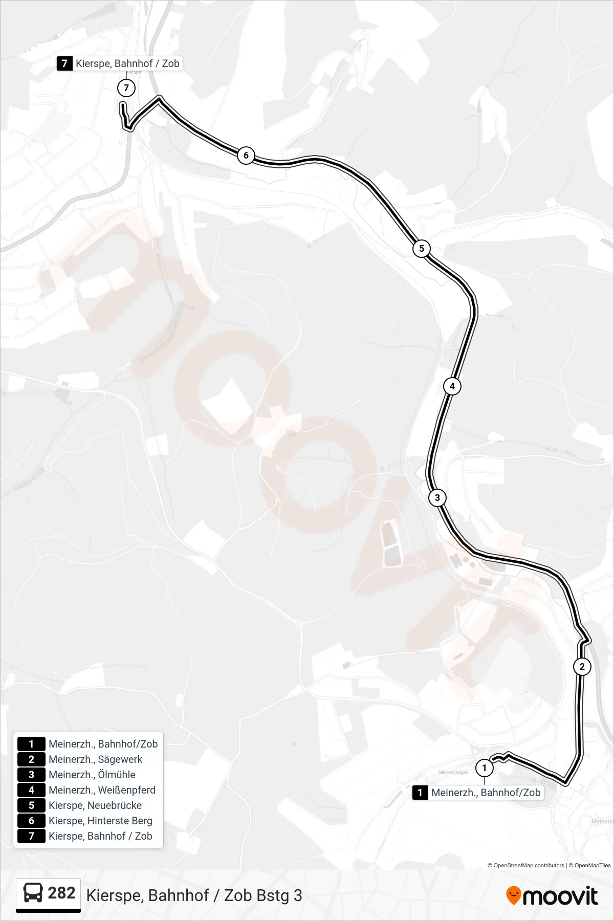 282 bus Line (Kierspe, Bahnhof / Zob Bstg 3) route and stops on a map