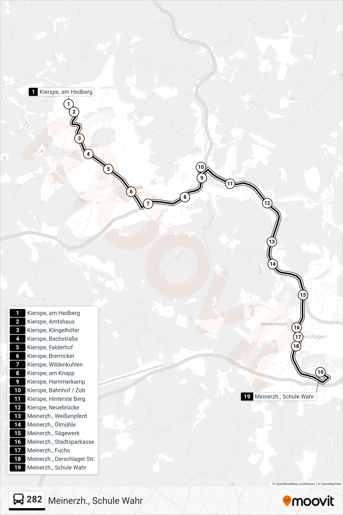 282 bus Line (Meinerzh., Schule Wahr) route and stops on a map