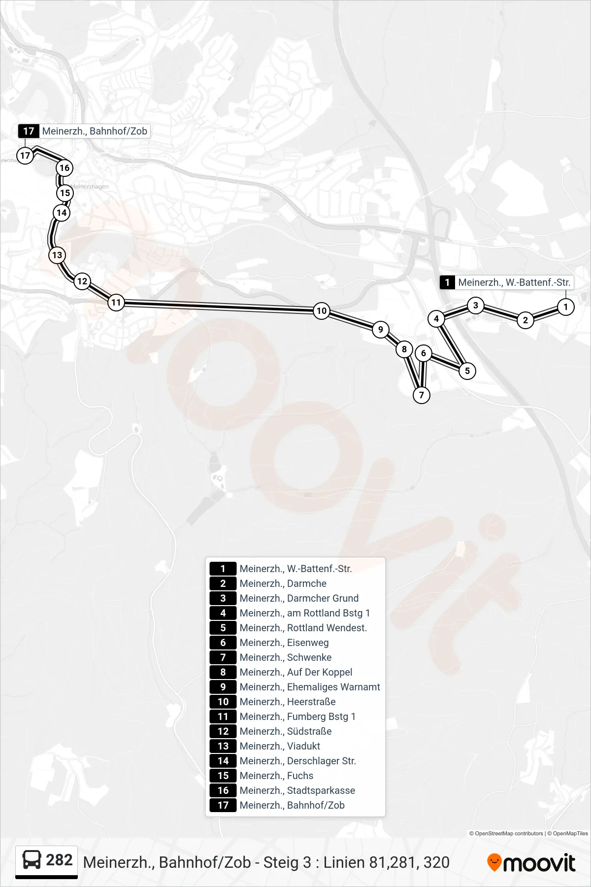 282 bus Line (Meinerzh., Bahnhof/Zob - Steig 3 : Linien 81,281, 320) route and stops on a map