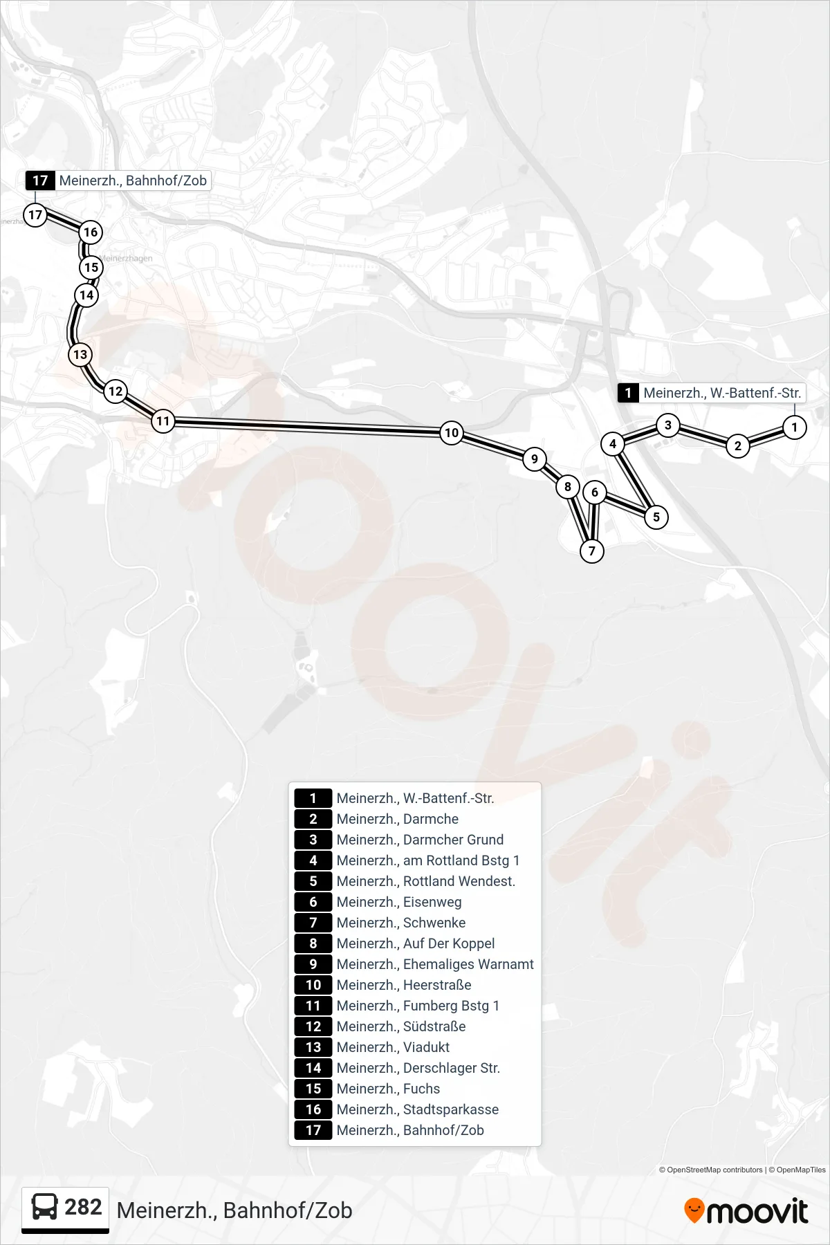 282 bus Line (Meinerzh., Bahnhof/Zob) route and stops on a map