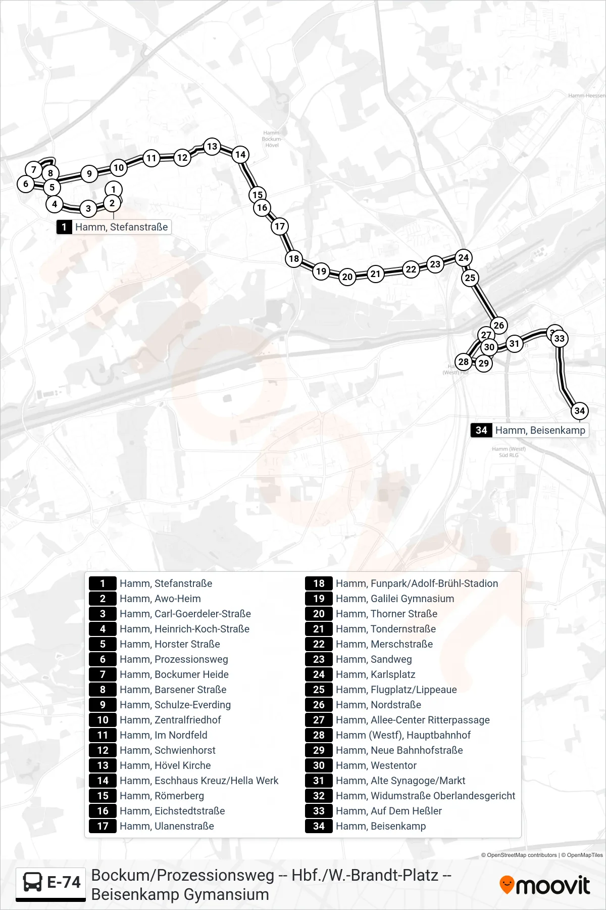 Linie E-74 (Bus) Richtung Hamm, Beisenkamp: Route und Haltestellen auf der Karte