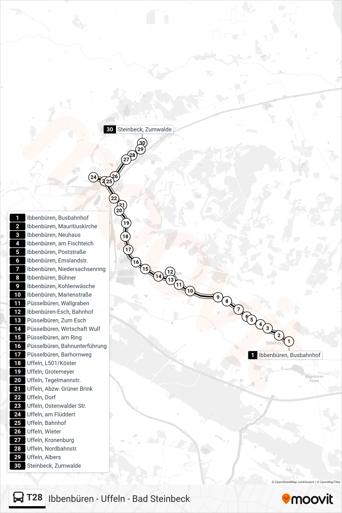 T28 bus Line (Steinbeck, Zumwalde) route and stops on a map