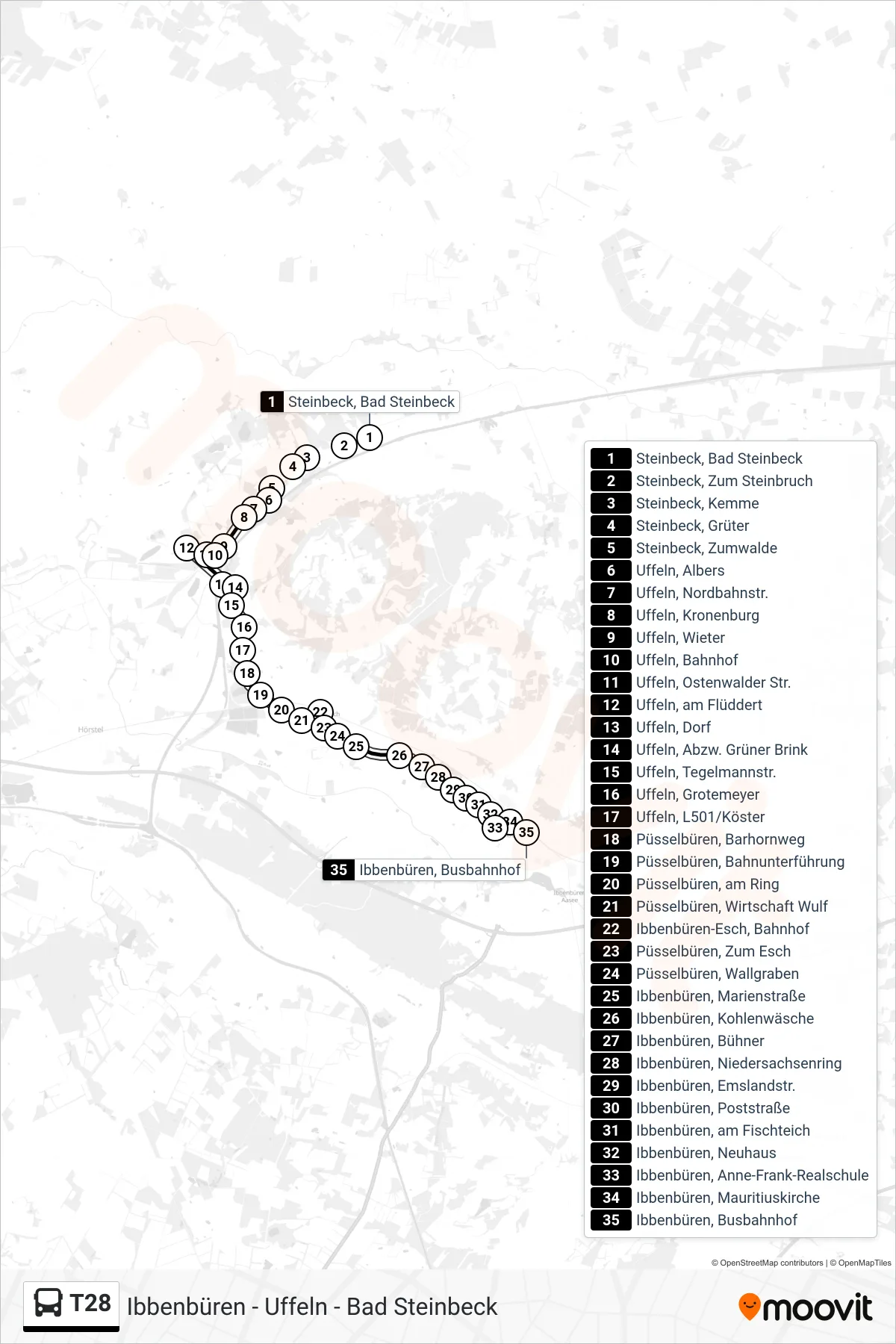 T28 bus Line (Ibbenbüren, Busbahnhof) route and stops on a map