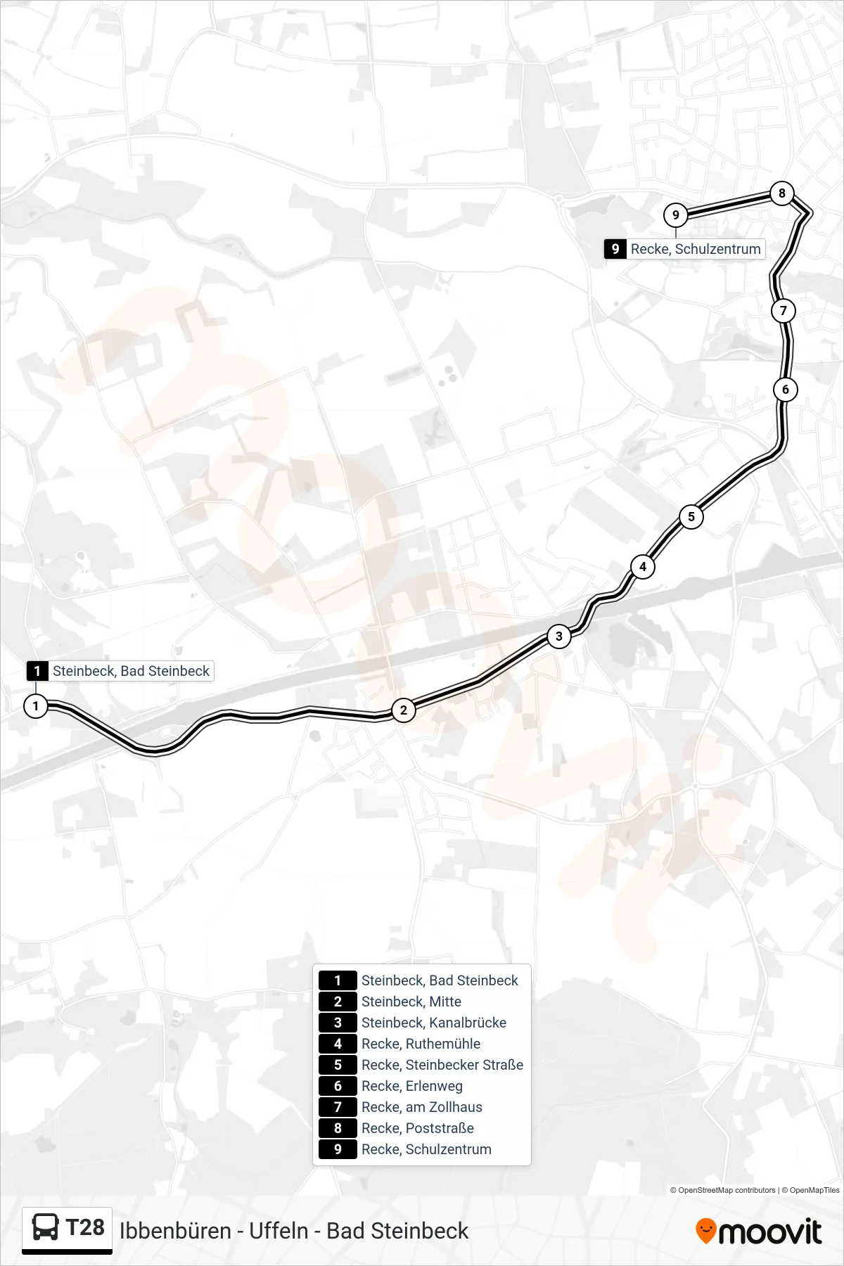 T28 bus Line (Recke, Schulzentrum Bstg H7) route and stops on a map