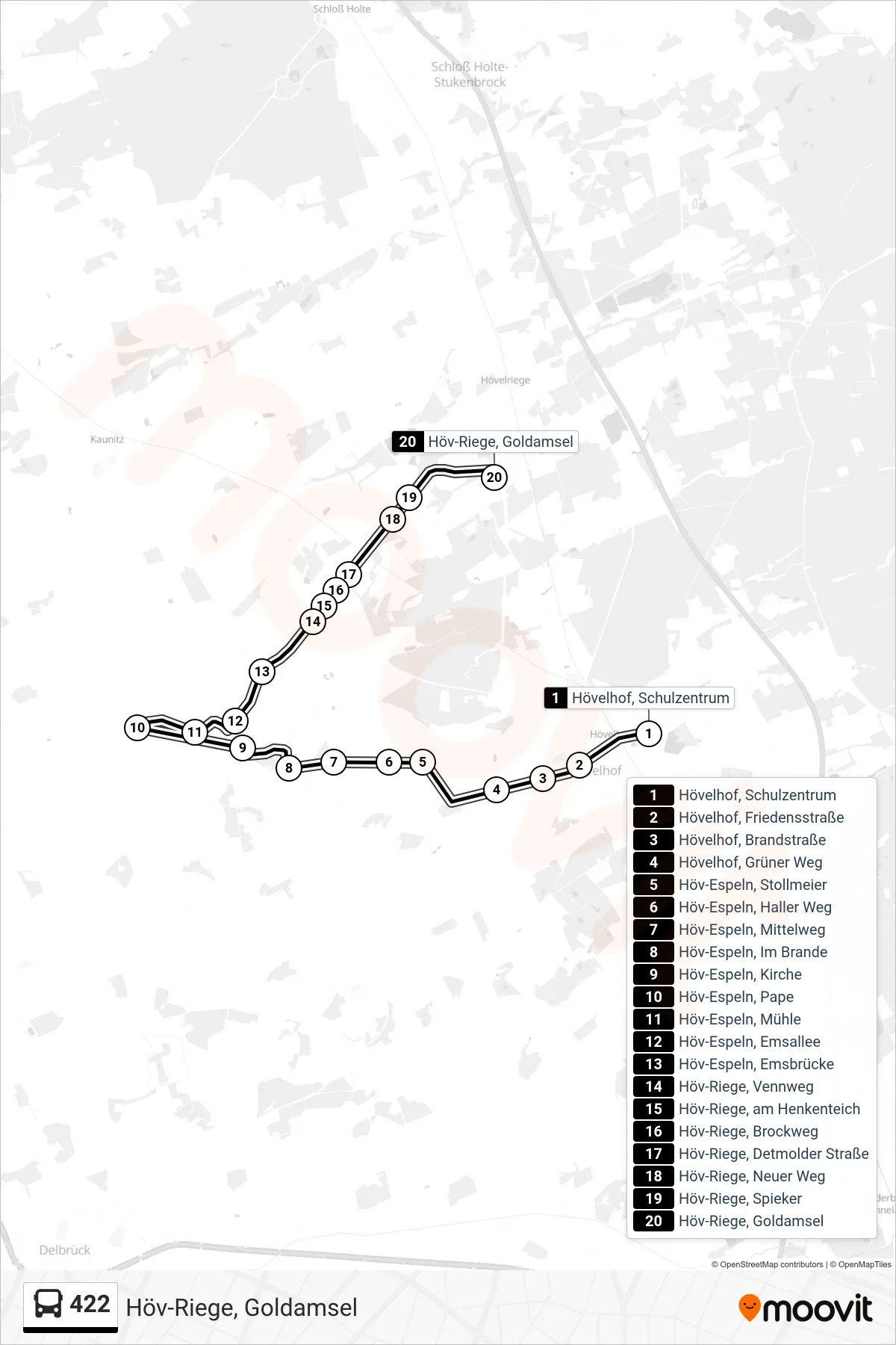 422 bus Line (Höv-Riege, Goldamsel) route and stops on a map