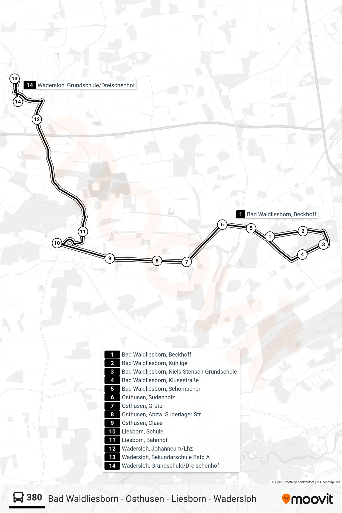 380 bus Line (Wadersloh, Grundschule/Dreischenhof) route and stops on a map