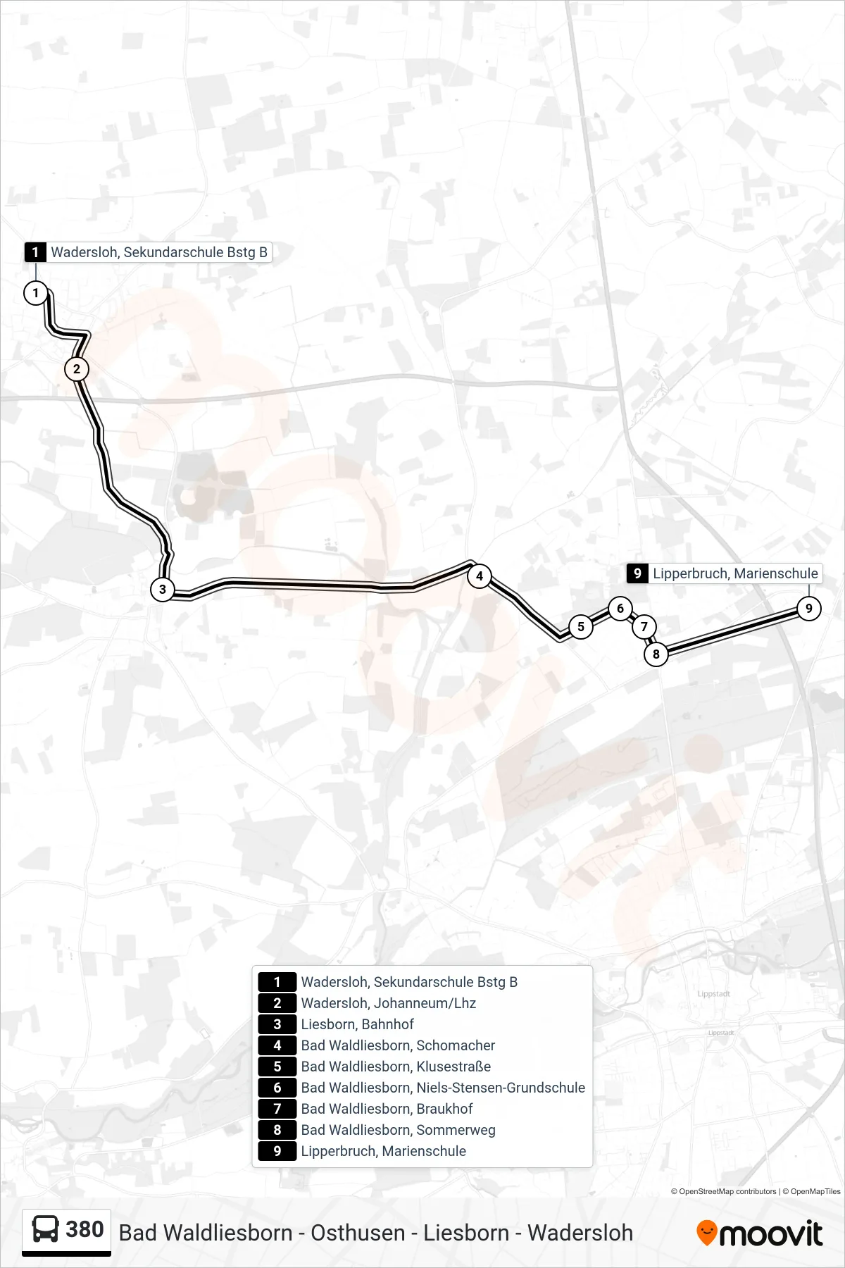 380 bus Line (Lipperbruch, Marienschule) route and stops on a map
