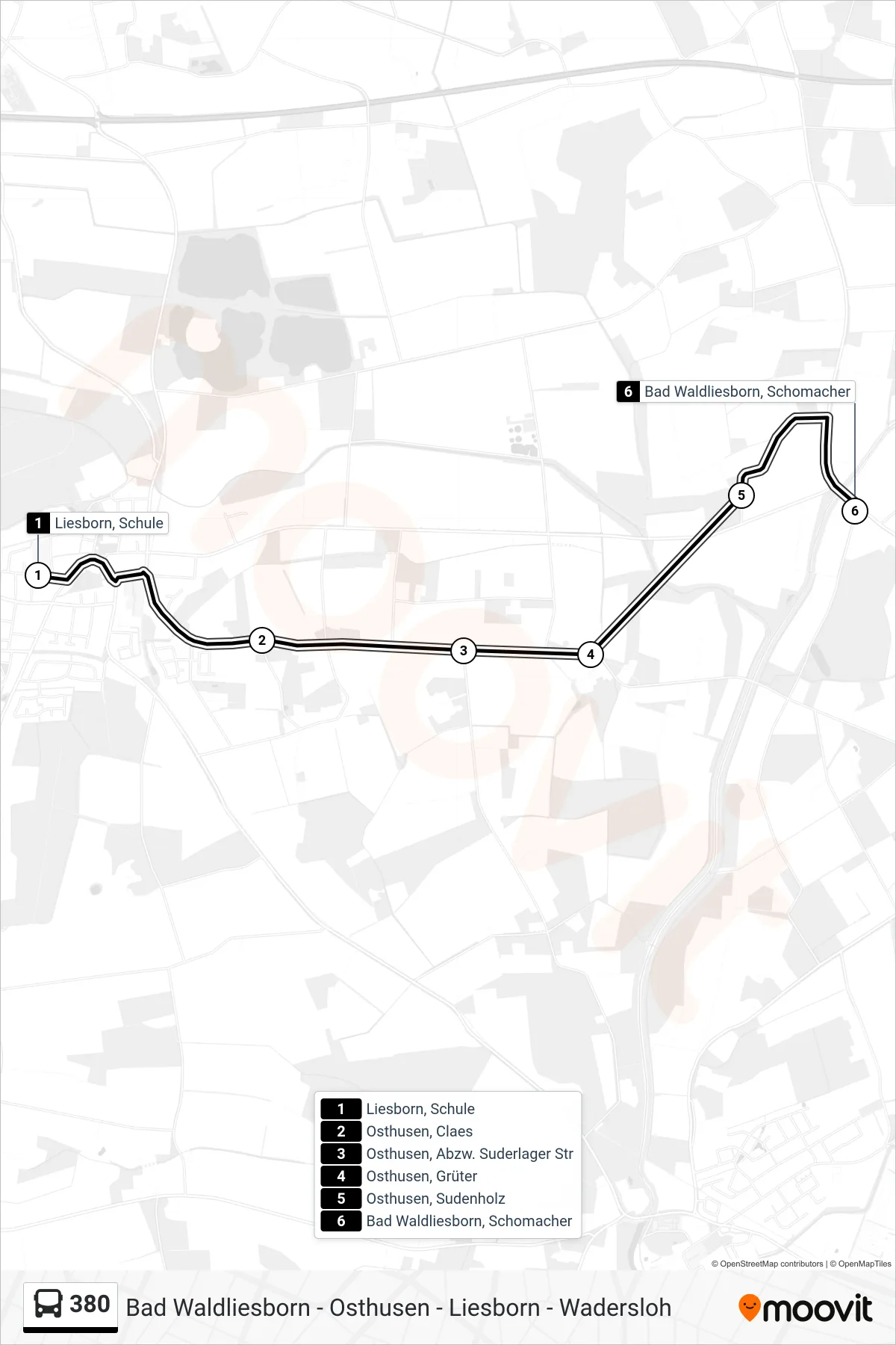 380 bus Line (Bad Waldliesborn, Schomacher) route and stops on a map