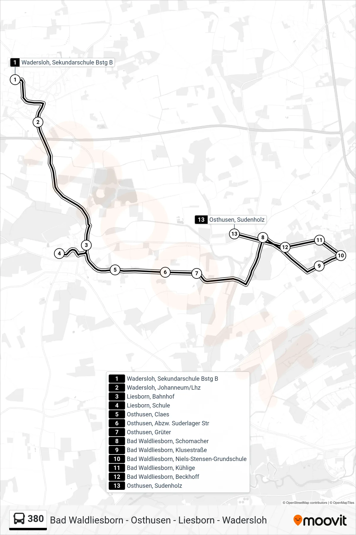 380 bus Line (Osthusen, Sudenholz) route and stops on a map