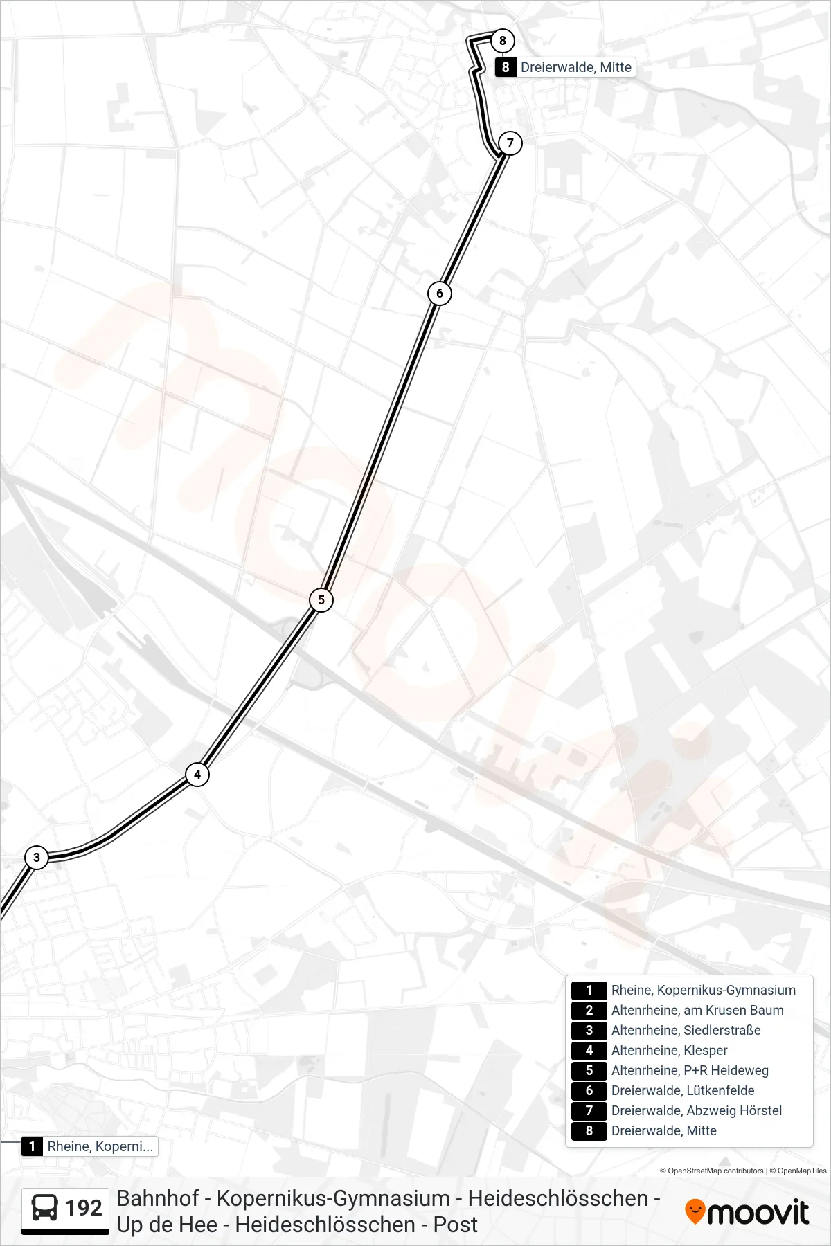 192 bus Line (Dreierwalde, Mitte) route and stops on a map