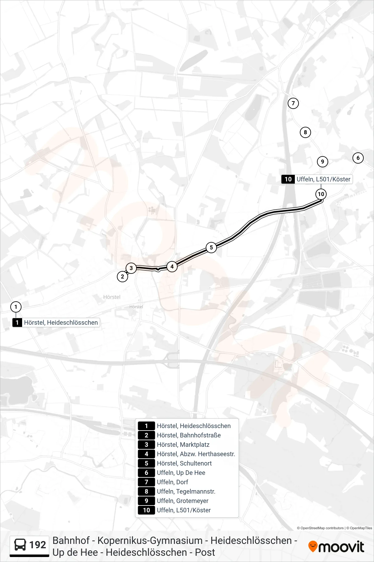 192 bus Line (Uffeln, L501/Köster) route and stops on a map