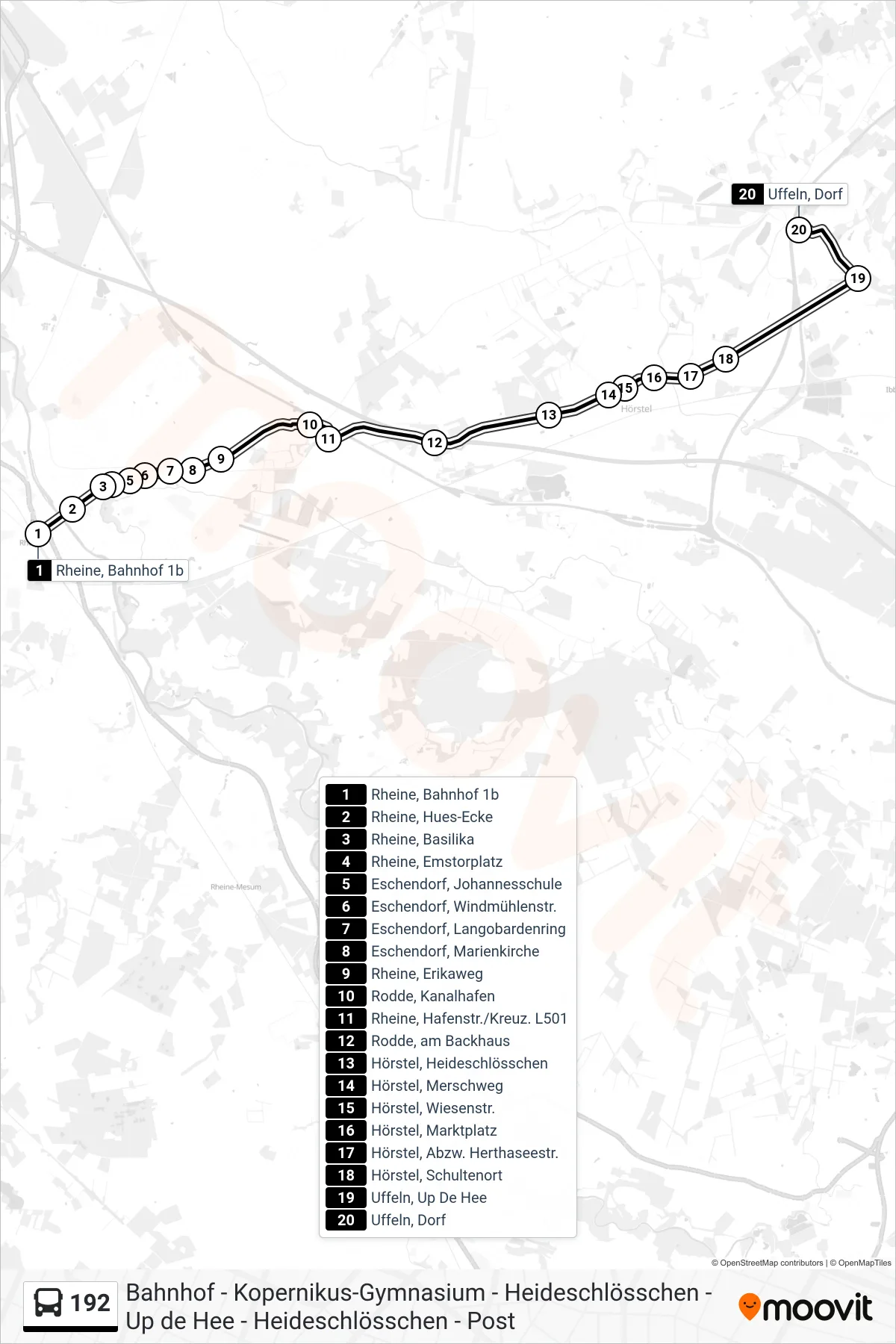 192 bus Line (Uffeln, Dorf) route and stops on a map