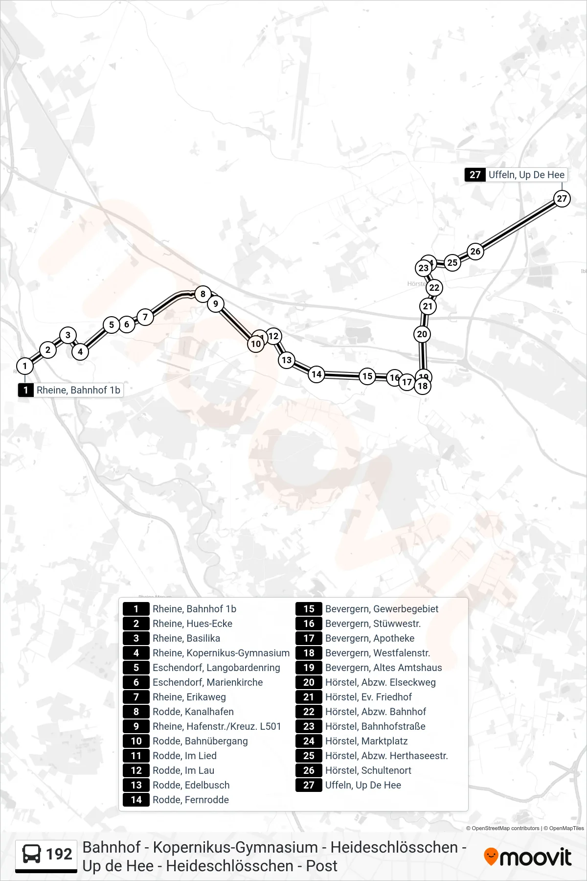 192 bus Line (Uffeln, Up De Hee) route and stops on a map
