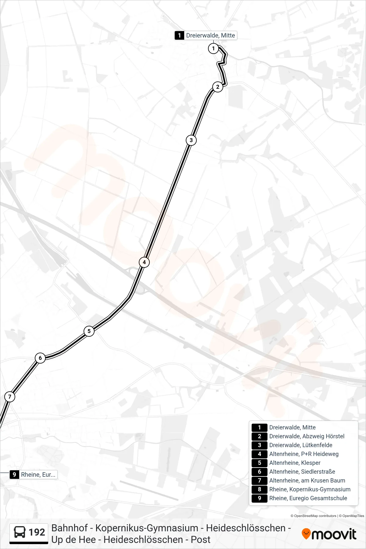 192 bus Line (Rheine, Euregio Gesamtschule) route and stops on a map