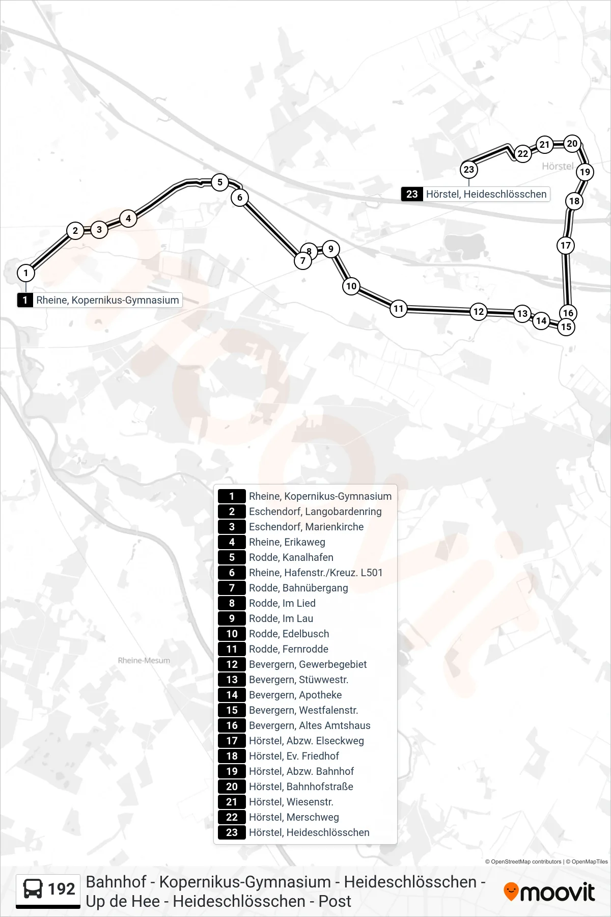 192 bus Line (Hörstel, Heideschlösschen) route and stops on a map