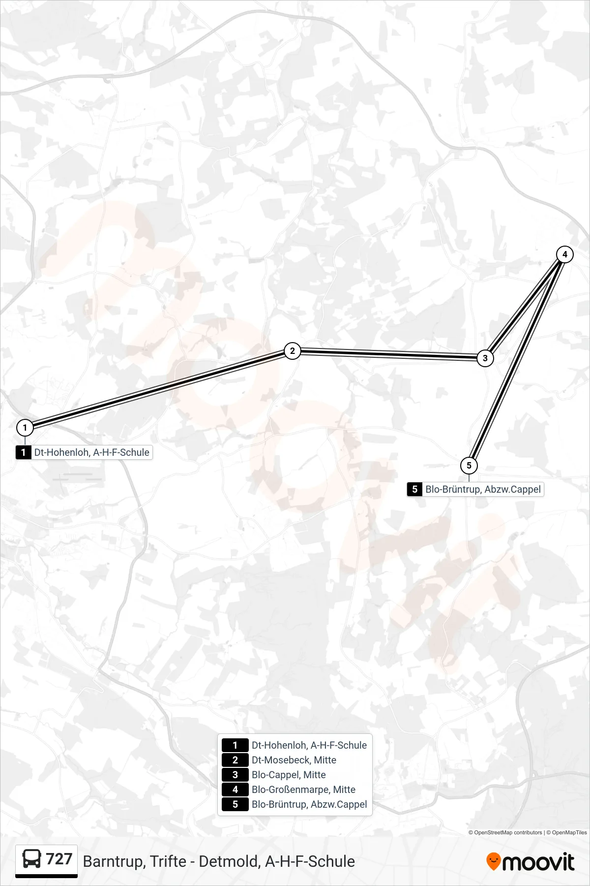 727 bus Line (Blo-Brüntrup, Abzw.Cappel) route and stops on a map