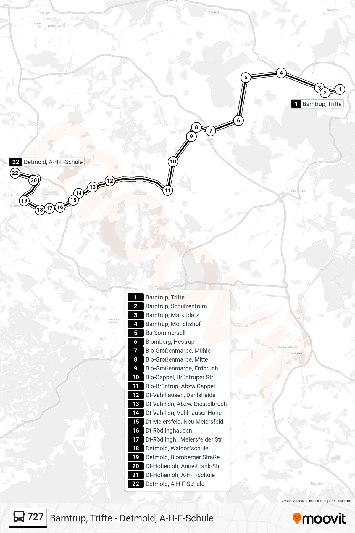 Linie 727 (Bus) Richtung Detmold, A-H-F-Schule: Route und Haltestellen auf der Karte