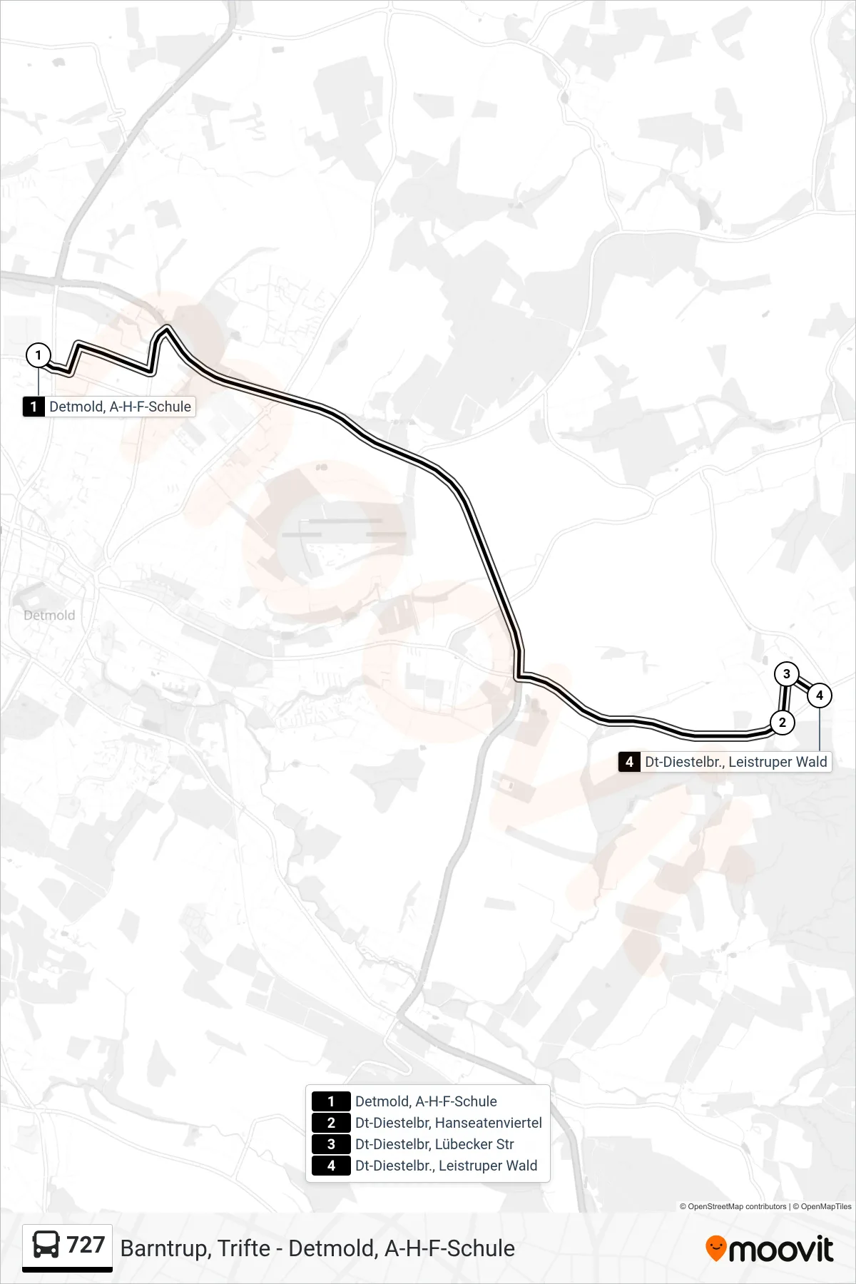 727 bus Line (Dt-Diestelbr., Leistruper Wald) route and stops on a map