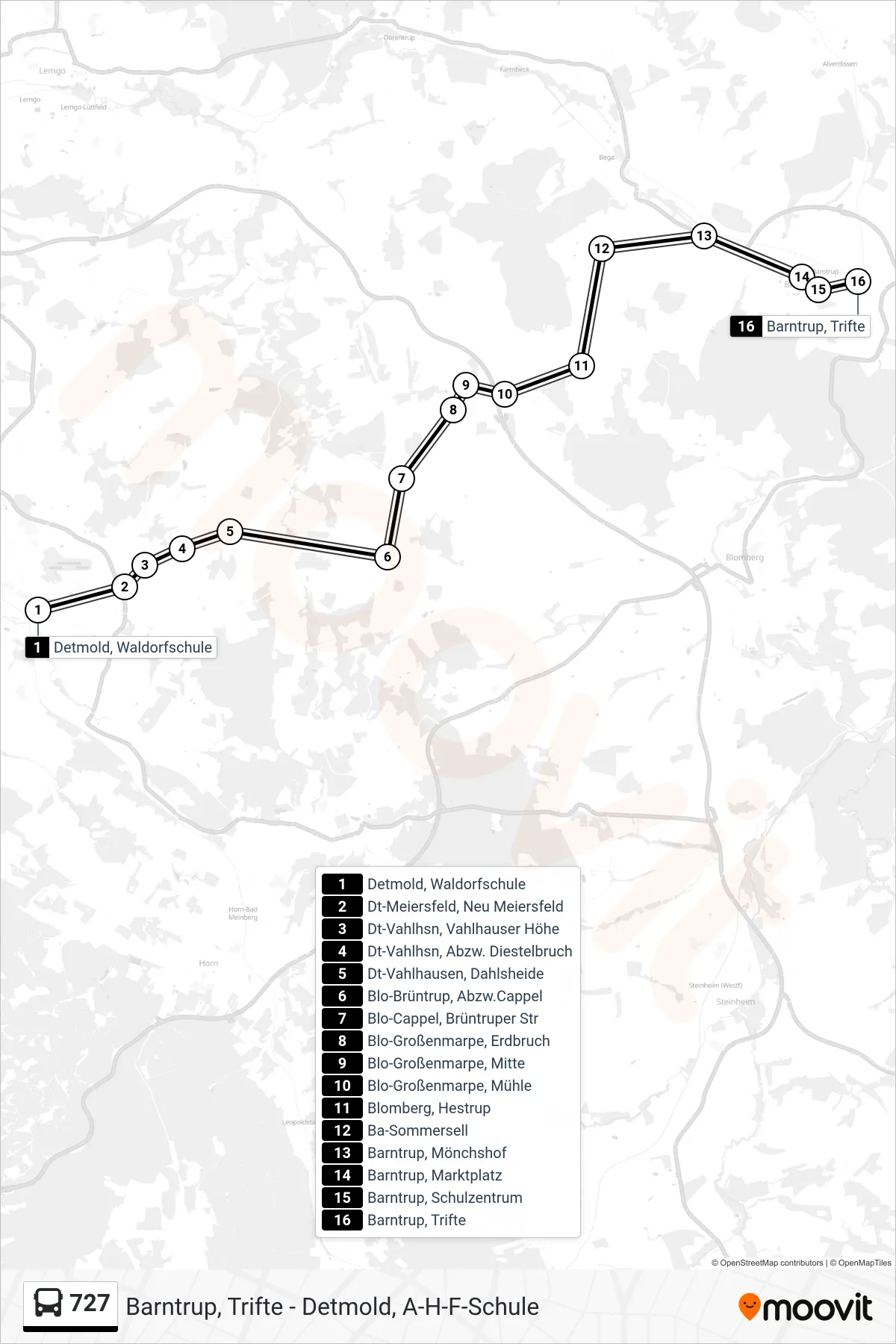 727 bus Line (Barntrup, Trifte) route and stops on a map