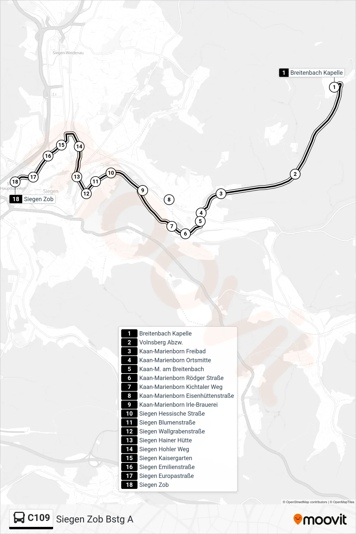 Linie C109 (Bus) Richtung Siegen Zob Bstg A: Route und Haltestellen auf der Karte