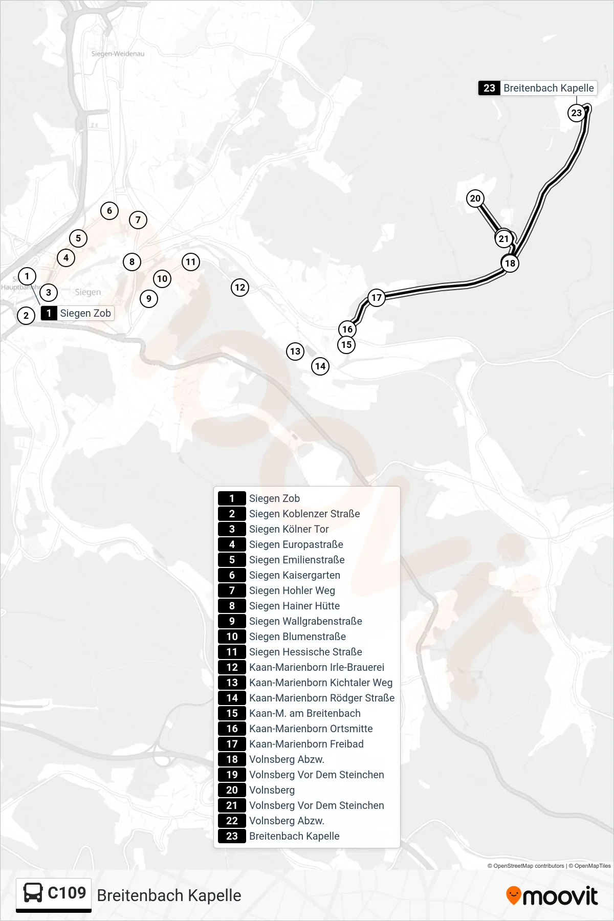 C109 bus Line (Breitenbach Kapelle) route and stops on a map