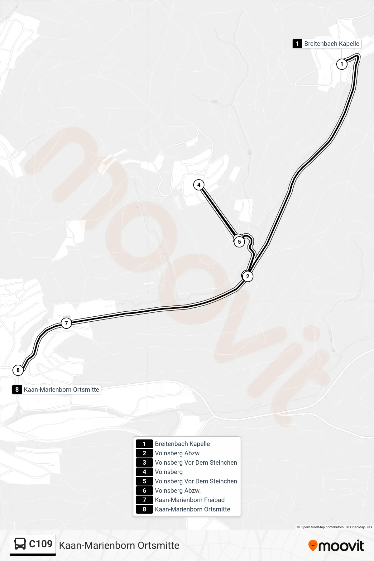 C109 bus Line (Kaan-Marienborn Ortsmitte) route and stops on a map