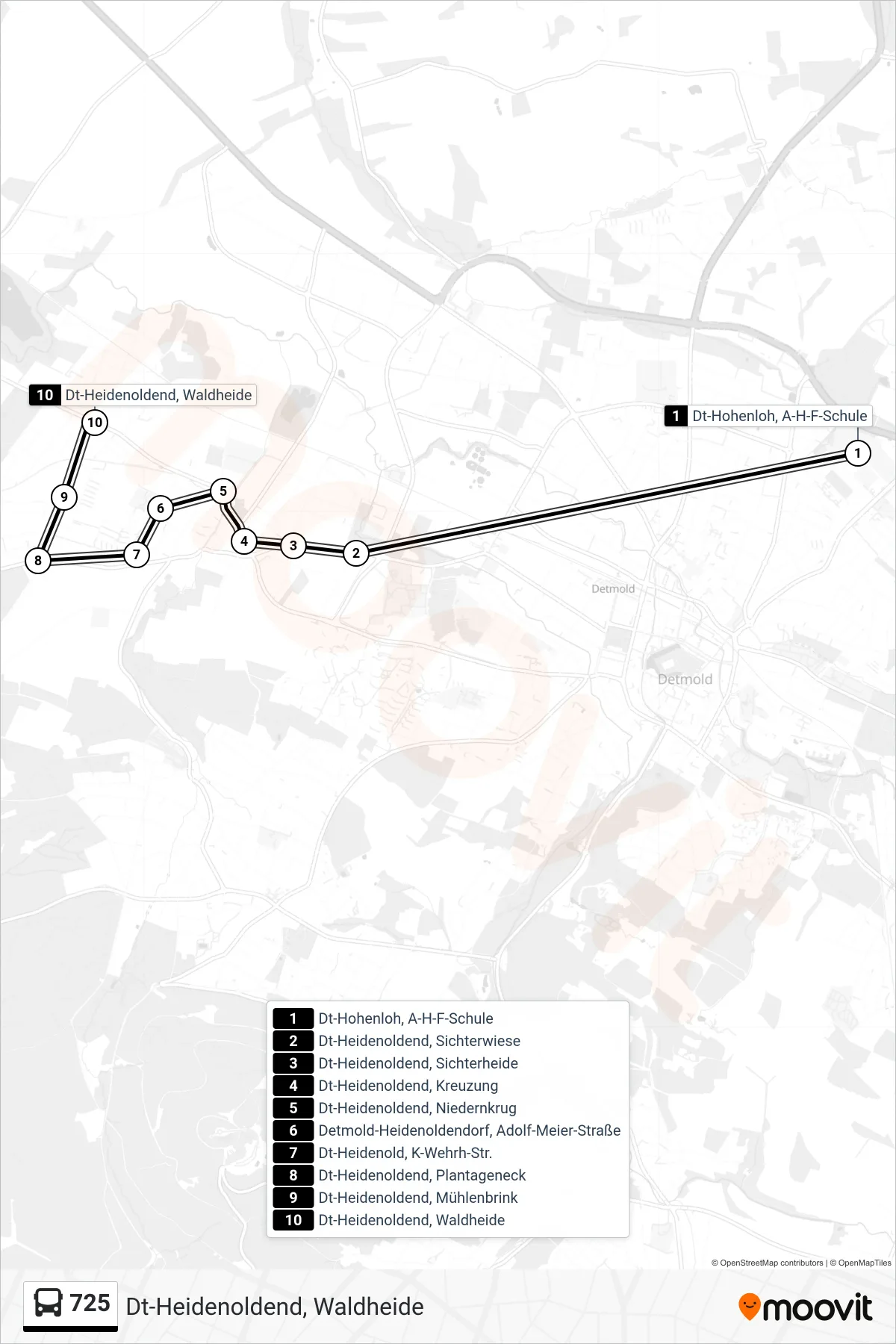 725 bus Line (Dt-Heidenoldend, Waldheide) route and stops on a map
