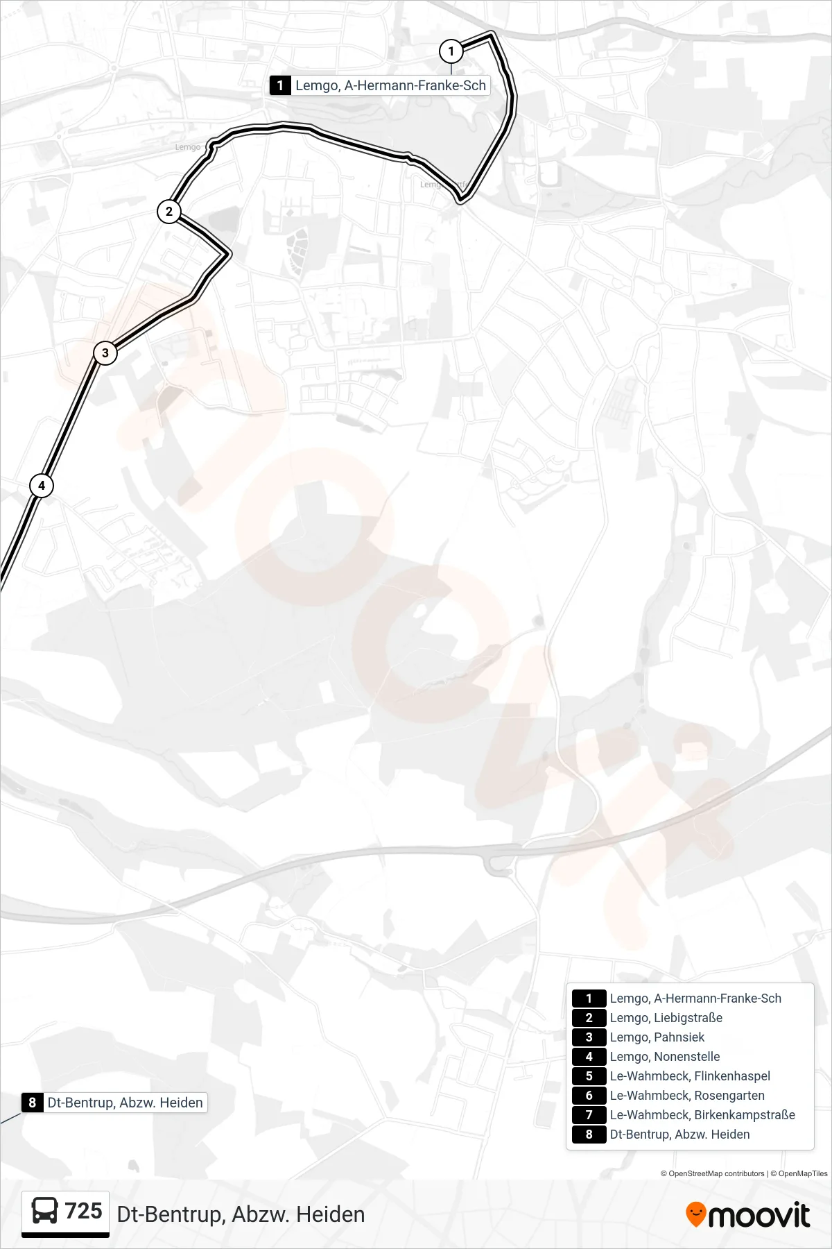 725 bus Line (Dt-Bentrup, Abzw. Heiden) route and stops on a map
