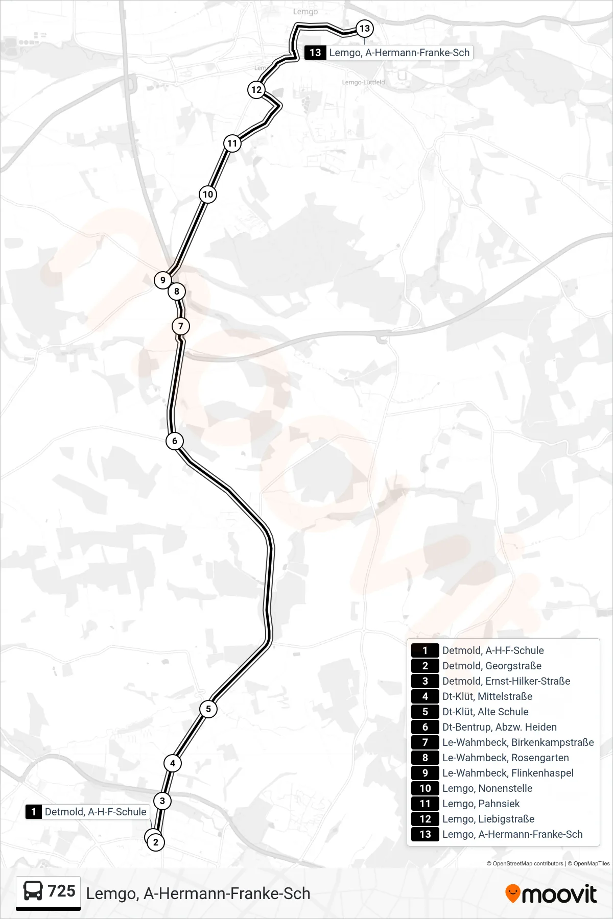 725 bus Line (Lemgo, A-Hermann-Franke-Sch) route and stops on a map