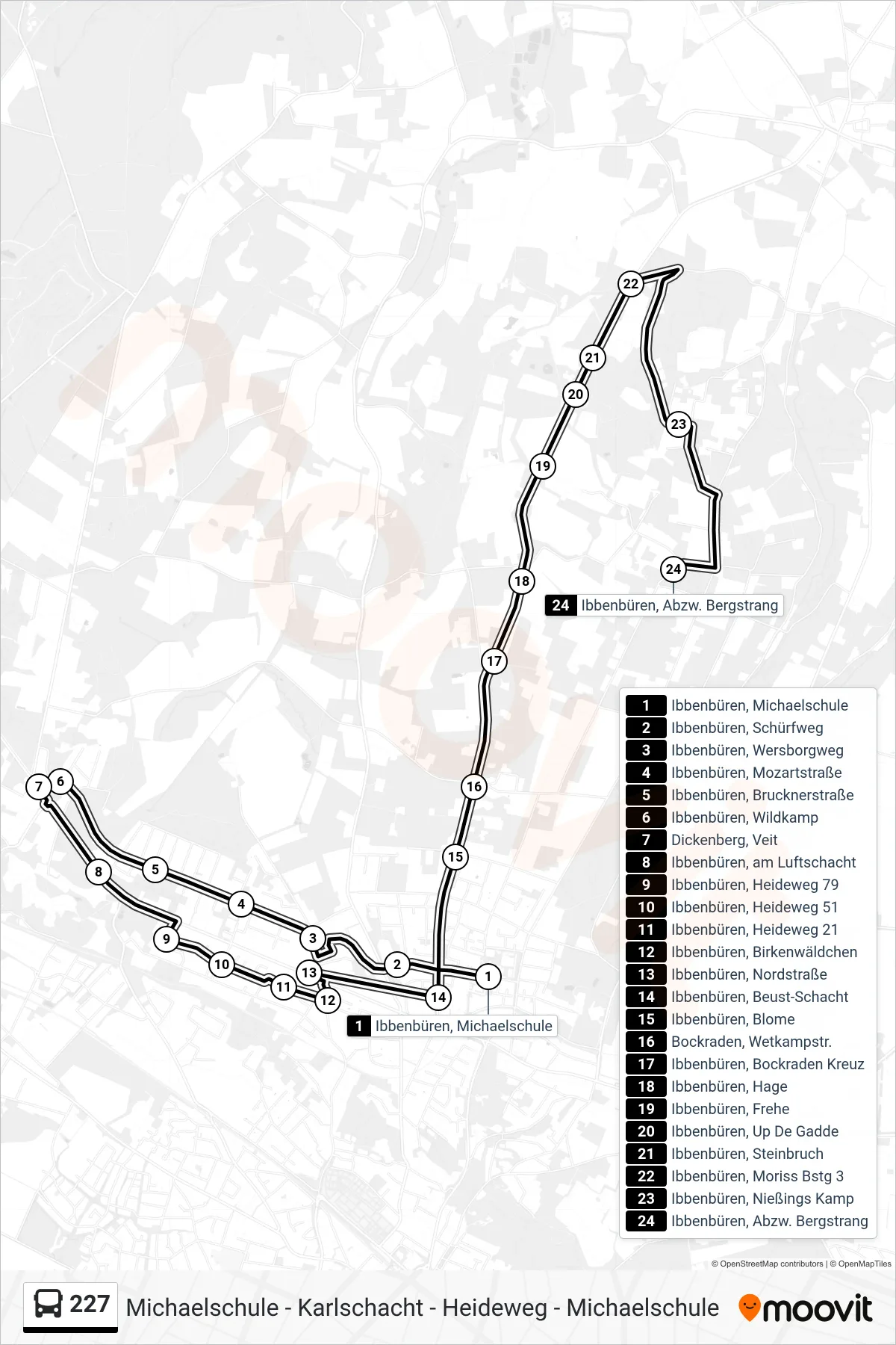 Linie 227 (Bus) Richtung Ibbenbüren, Abzw. Bergstrang: Route und Haltestellen auf der Karte