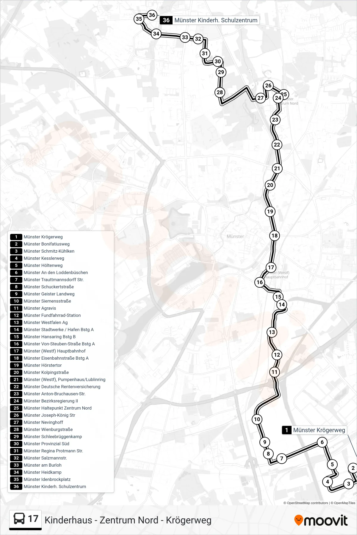 17 bus Line (Kinderhaus Schulzentrum) route and stops on a map