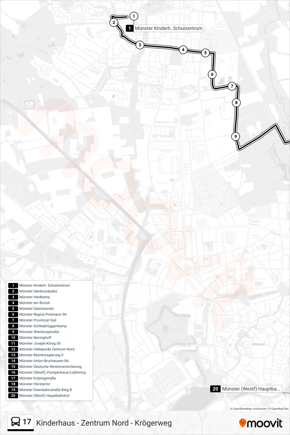 17 bus Line (Hauptbahnhof) route and stops on a map