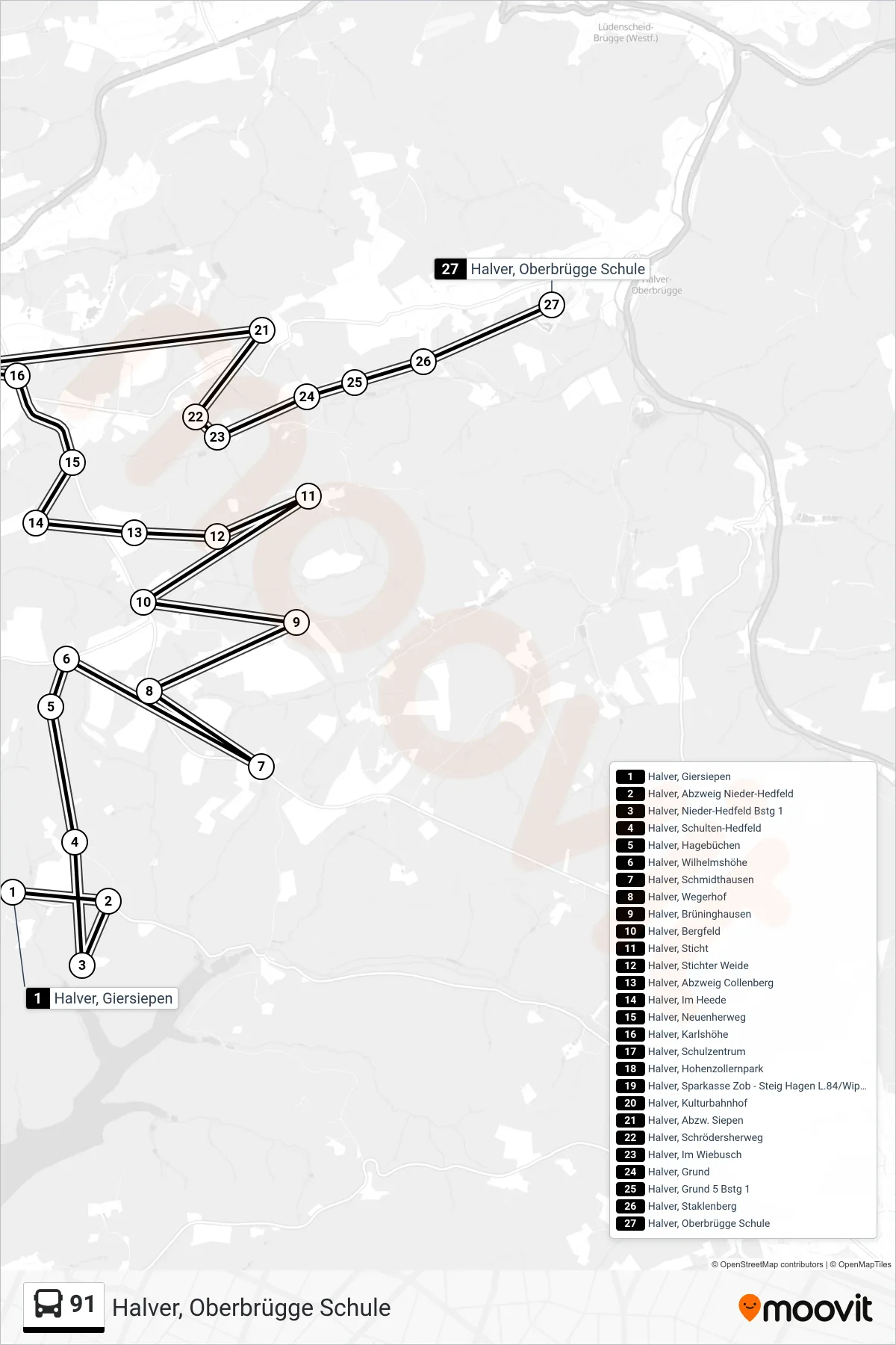 91 bus Line (Halver, Oberbrügge Schule) route and stops on a map