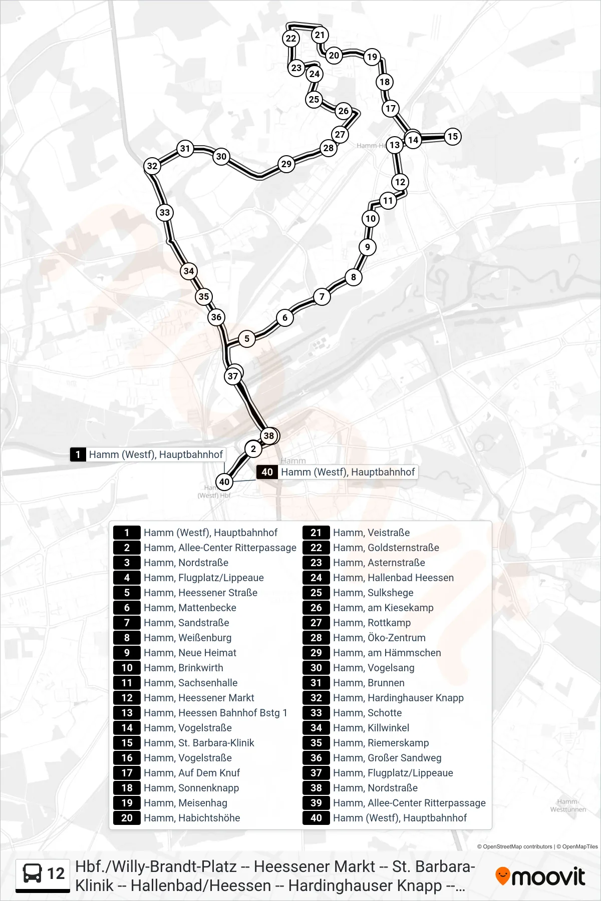 Linie 12 (Bus) Richtung Hamm (Westf), Hauptbahnhof Bstg 6: Route und Haltestellen auf der Karte