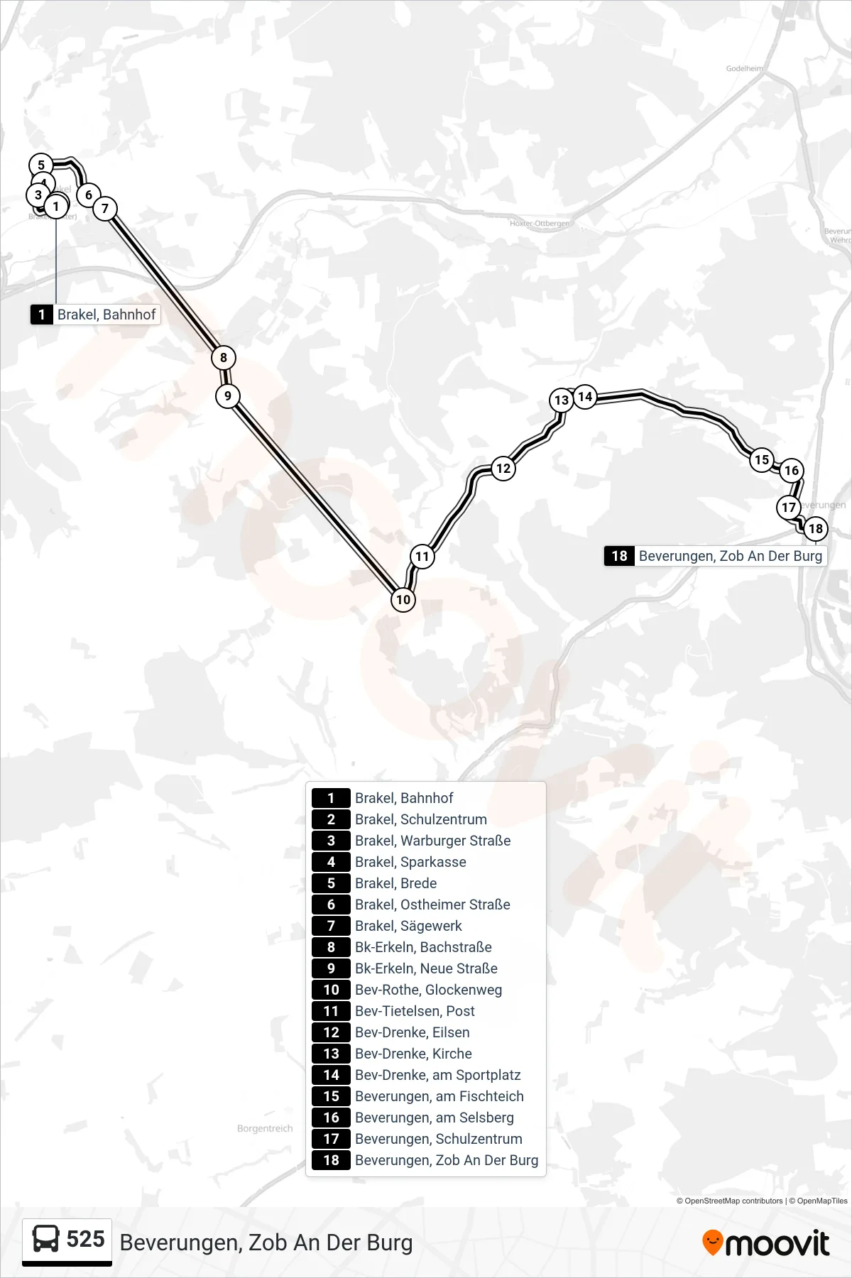 525 bus Line (Beverungen, Zob An Der Burg) route and stops on a map