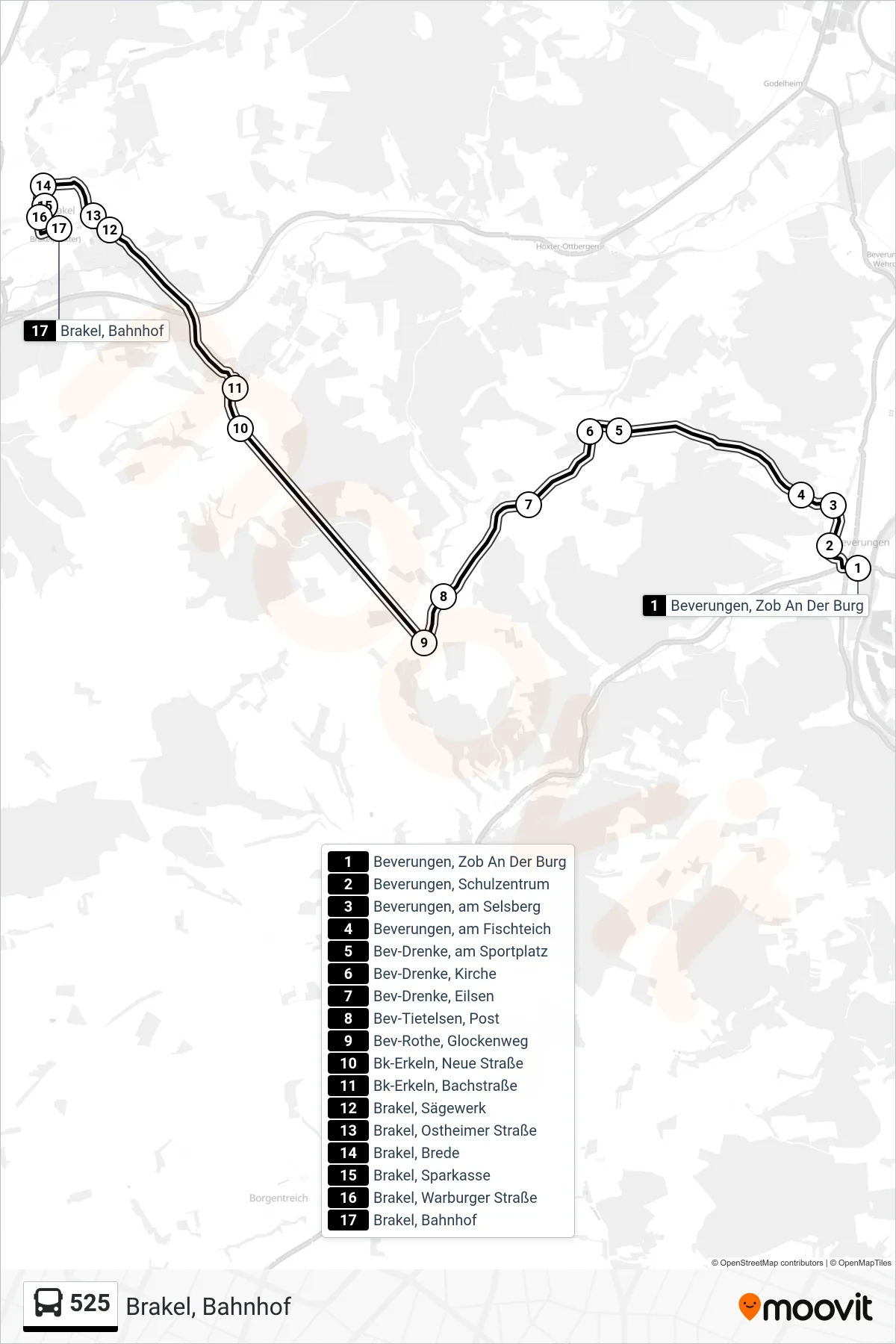 525 bus Line (Brakel, Bahnhof) route and stops on a map