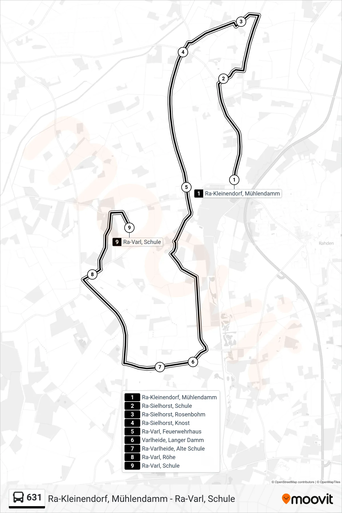 631 bus Line (Varl Schule) route and stops on a map