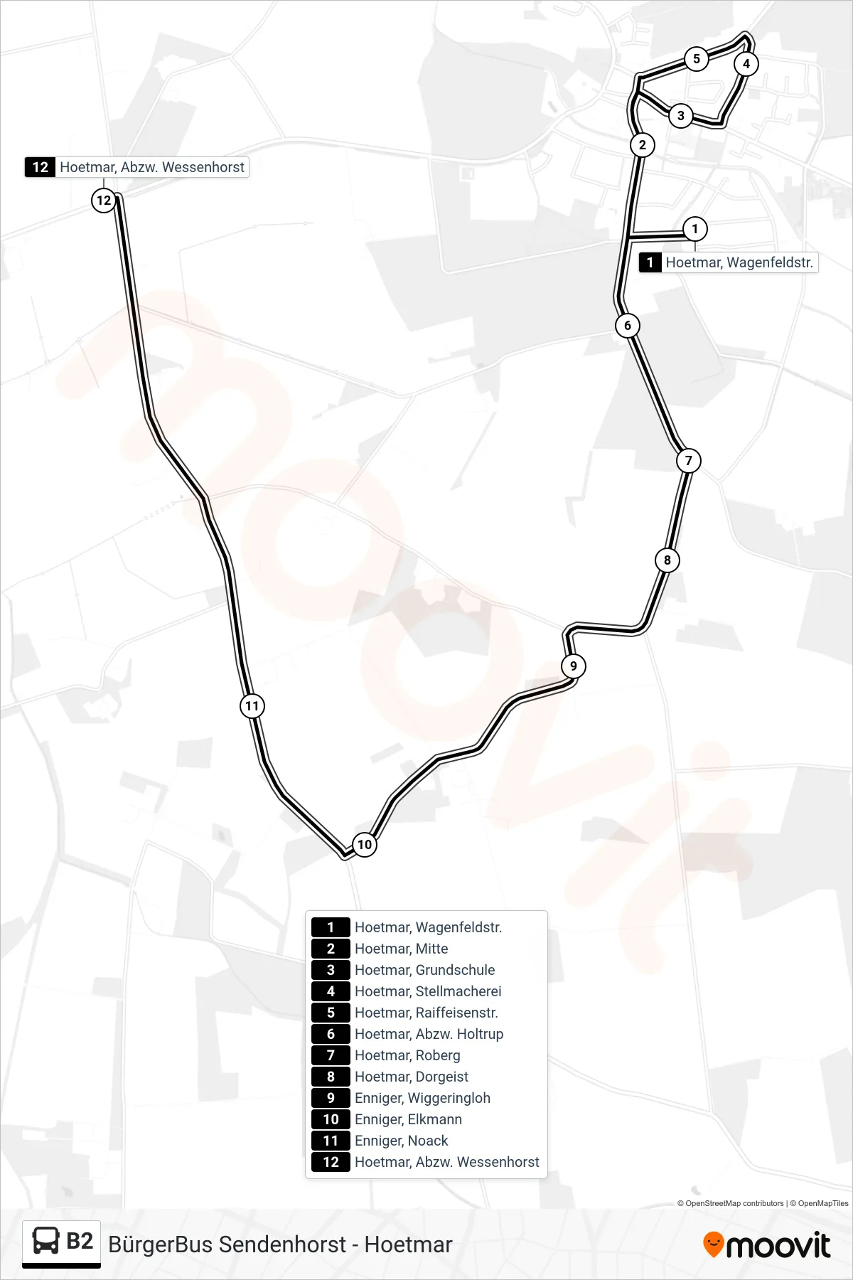 B2 bus Line (Hoetmar, Abzw. Wessenhorst) route and stops on a map