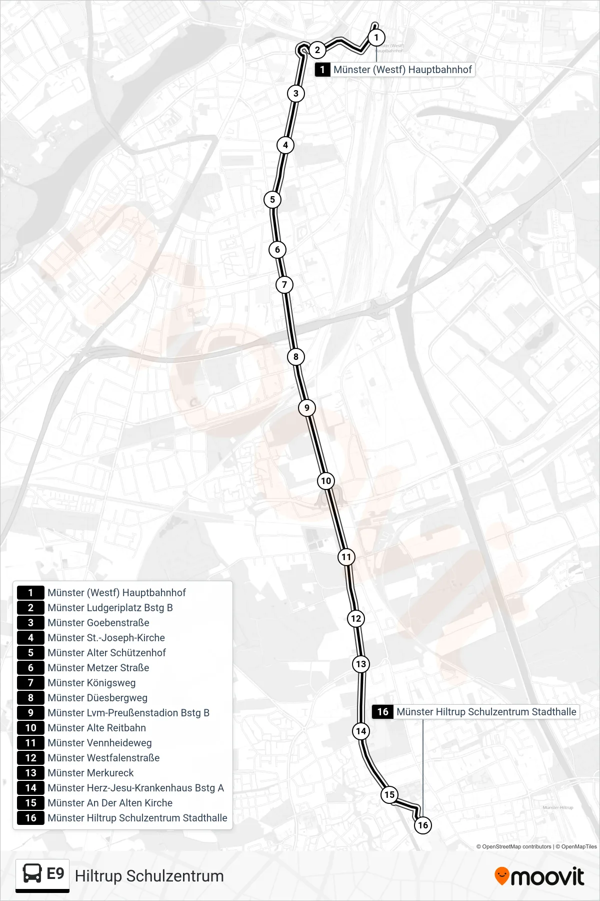Linie E9 (Bus) Richtung Hiltrup Schulzentrum: Route und Haltestellen auf der Karte