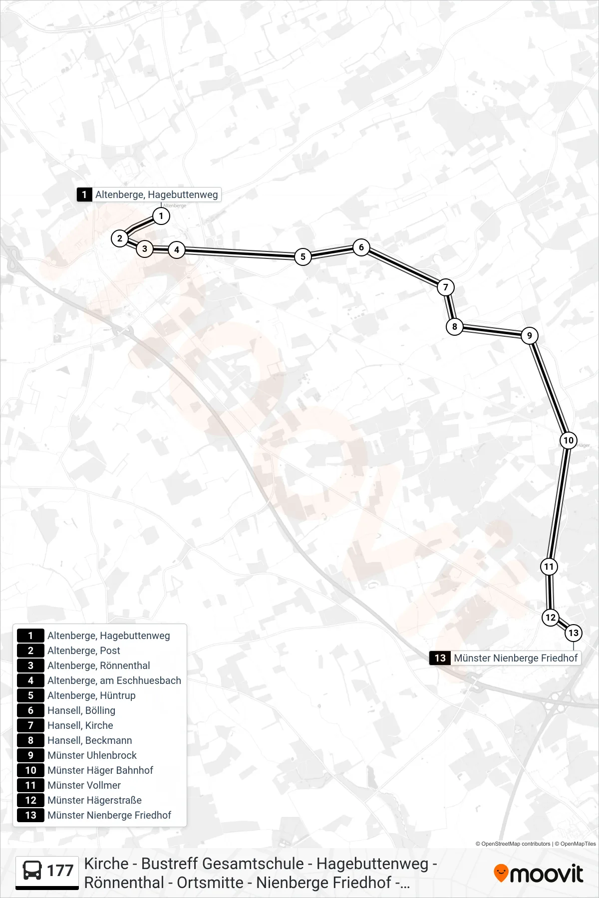 Linie 177 (Bus) Richtung Münster Nienberge Friedhof: Route und Haltestellen auf der Karte
